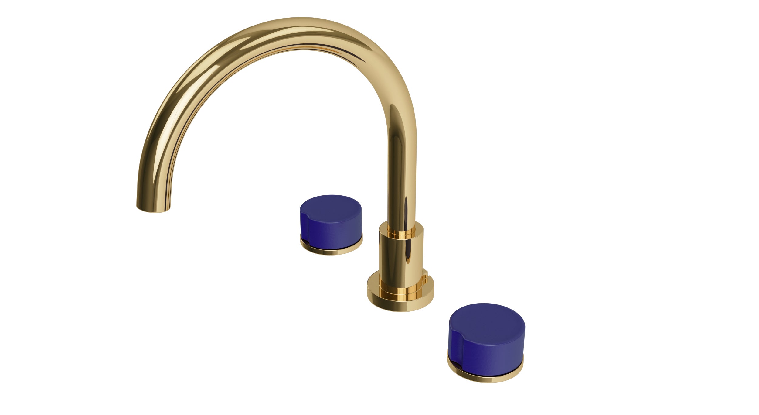 Foundry Two Handle Deck Mount Gooseneck Bath Trim with Groove Ceramic Knob Handles in Polished Brass