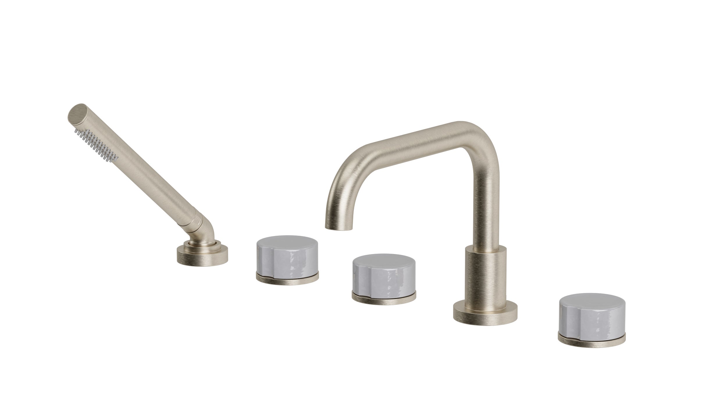 Foundry Three Handle Deck Mount Squaretop Bath Trim with Hand Shower and Groove Ceramic Knob Handles in Satin Nickel