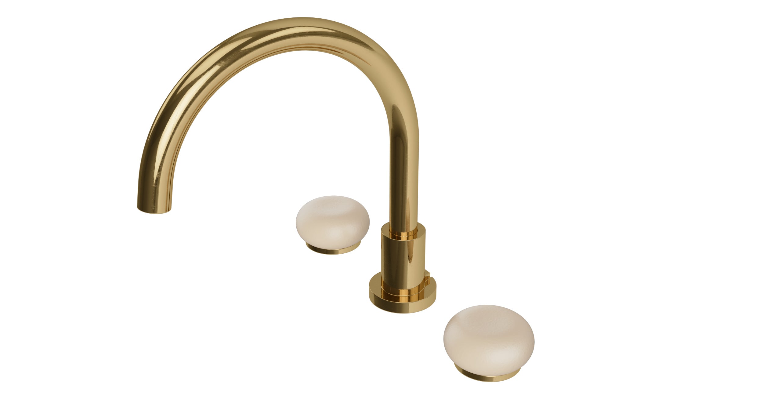 Foundry Two Handle Deck Mount Gooseneck Bath Trim with Pebble Ceramic Knob Handles in Uncoated Polished Brass