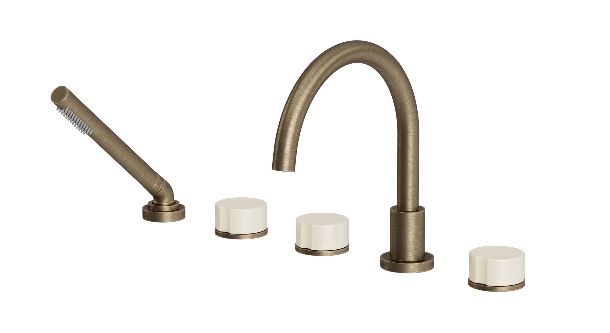 Foundry Three Handle Deck Mount Gooseneck Bath Trim with Hand Shower and Groove Ceramic Knob Handles in Antique Brass