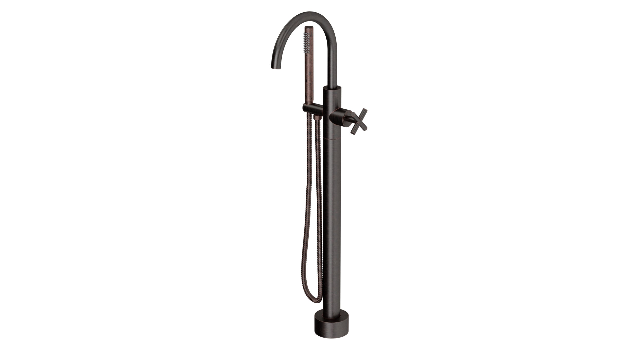 Contour One Handle Floor Mount Gooseneck Bath Trim with Hand Shower and Soft Cross Handle in Antique Bronze