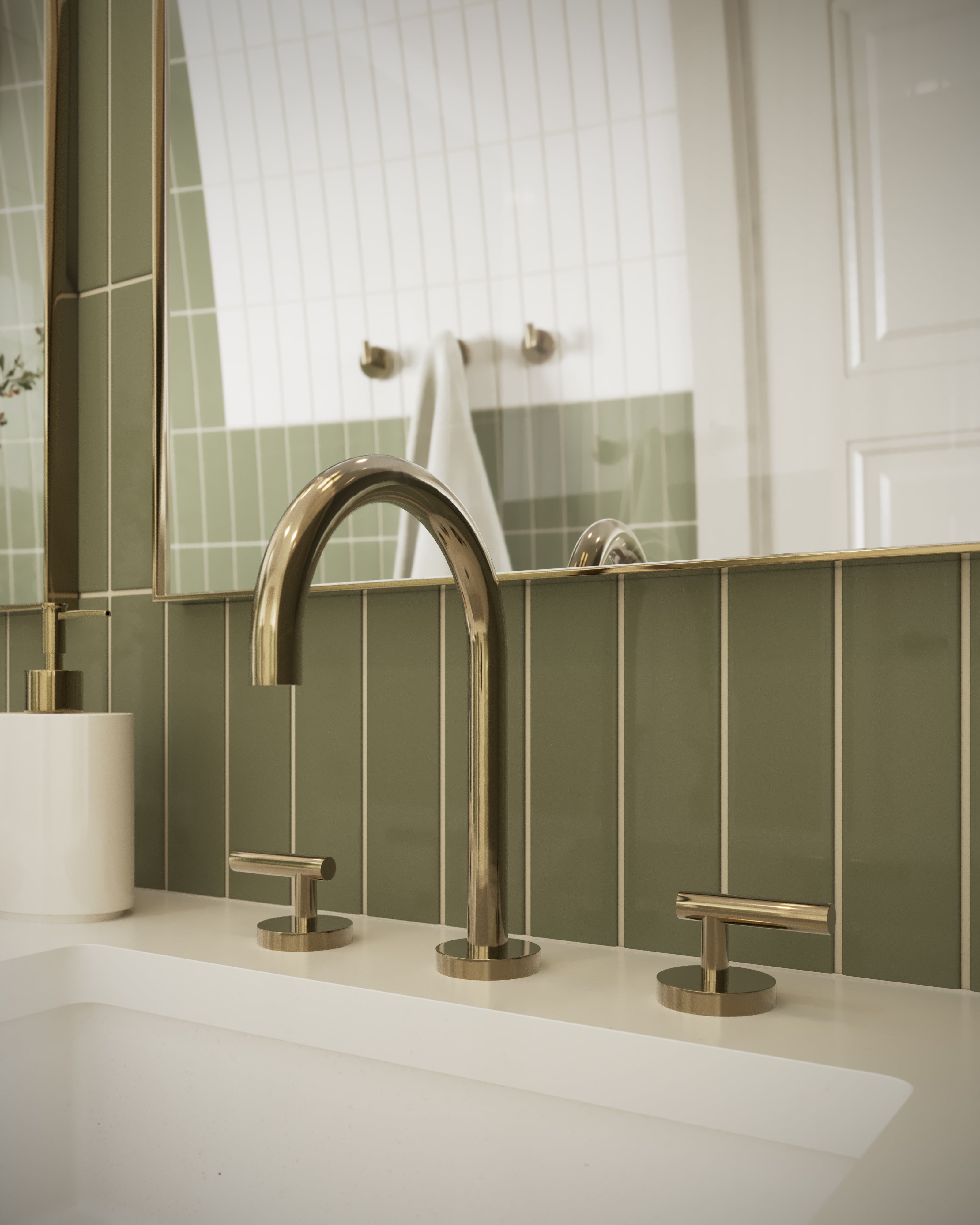 Contour Two Handle Deck Mount Gooseneck Lavatory Faucet with Soft Lever Handles in Polished Brass
