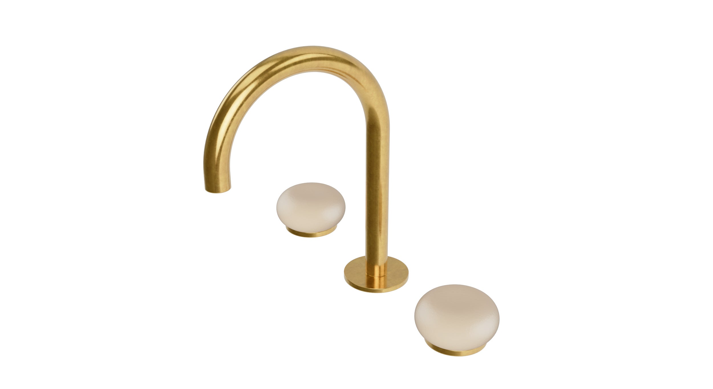 Foundry Two Handle Deck Mount Gooseneck Lavatory Faucet with Pebble Ceramic Knob Handles in French Brass