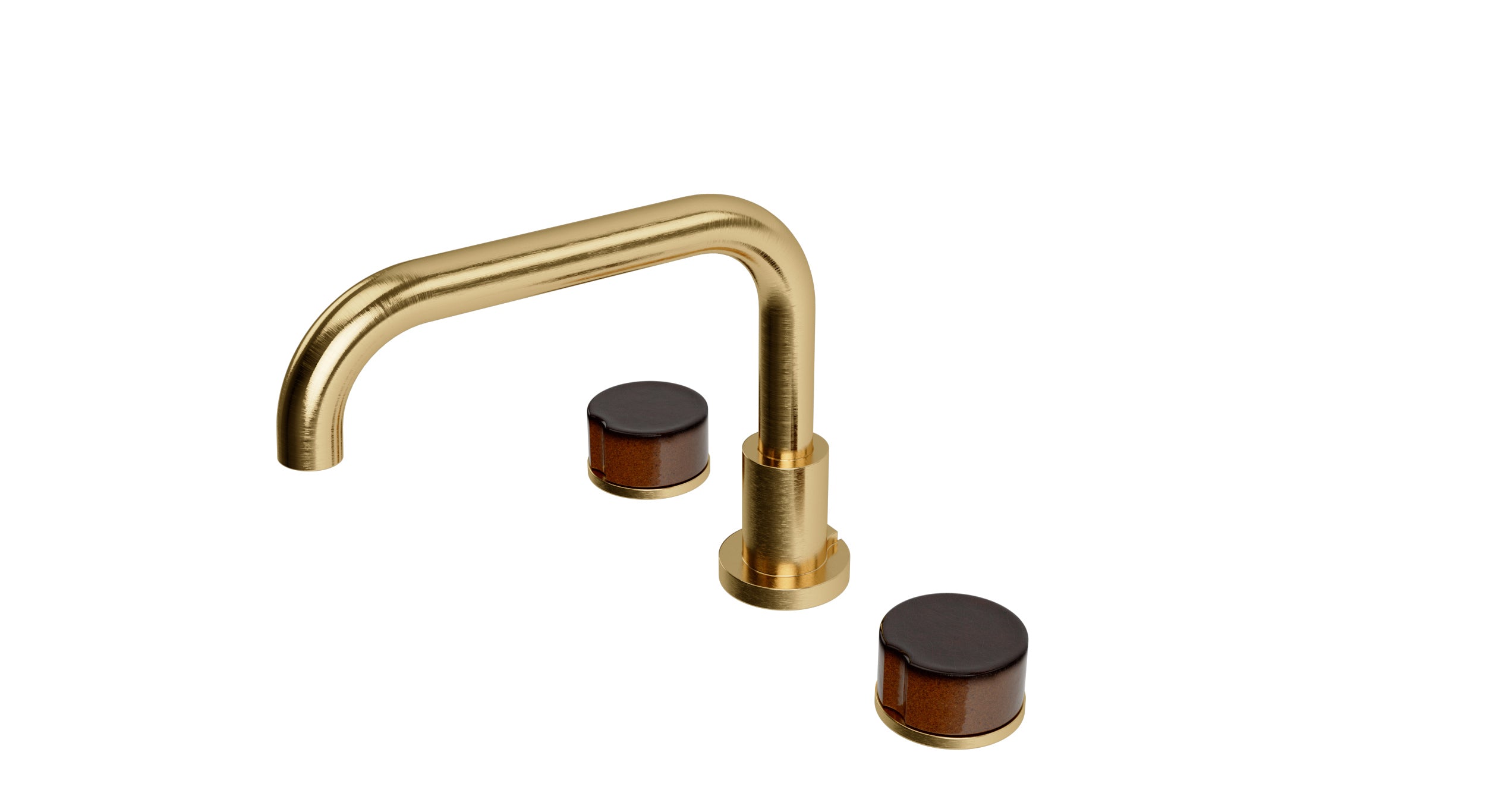 Foundry Two Handle Deck Mount Squaretop Bath Trim with Groove Ceramic Knob Handles in Satin Brass