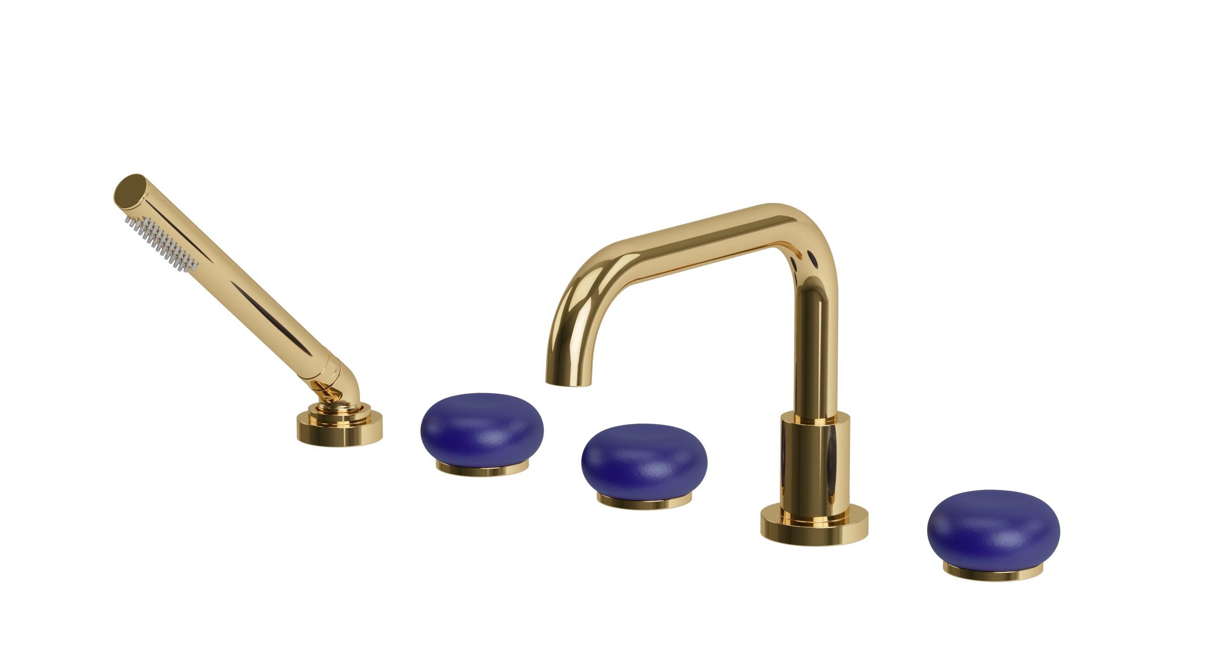 Foundry Three Handle Deck Mount Squaretop Bath Trim with Hand Shower and Pebble Ceramic Knob Handles in Polished Brass