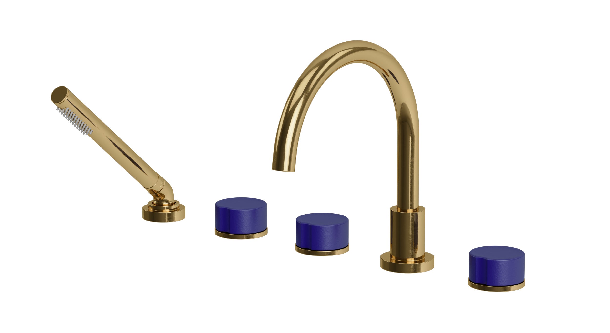 Foundry Three Handle Deck Mount Gooseneck Bath Trim with Hand Shower and Groove Ceramic Knob Handles in Uncoated Polished Brass