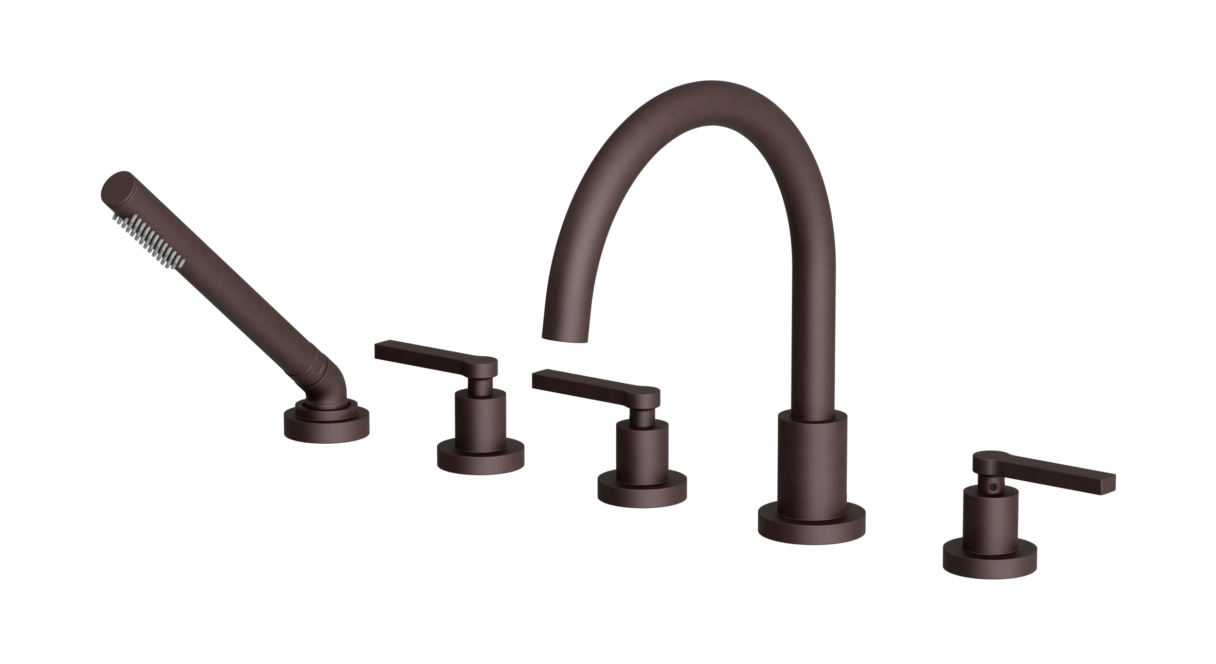 Flatiron Three Handle Deck Mount Gooseneck Bath Trim with Hand Shower and Linear Lever Handles in Architectural Copper
