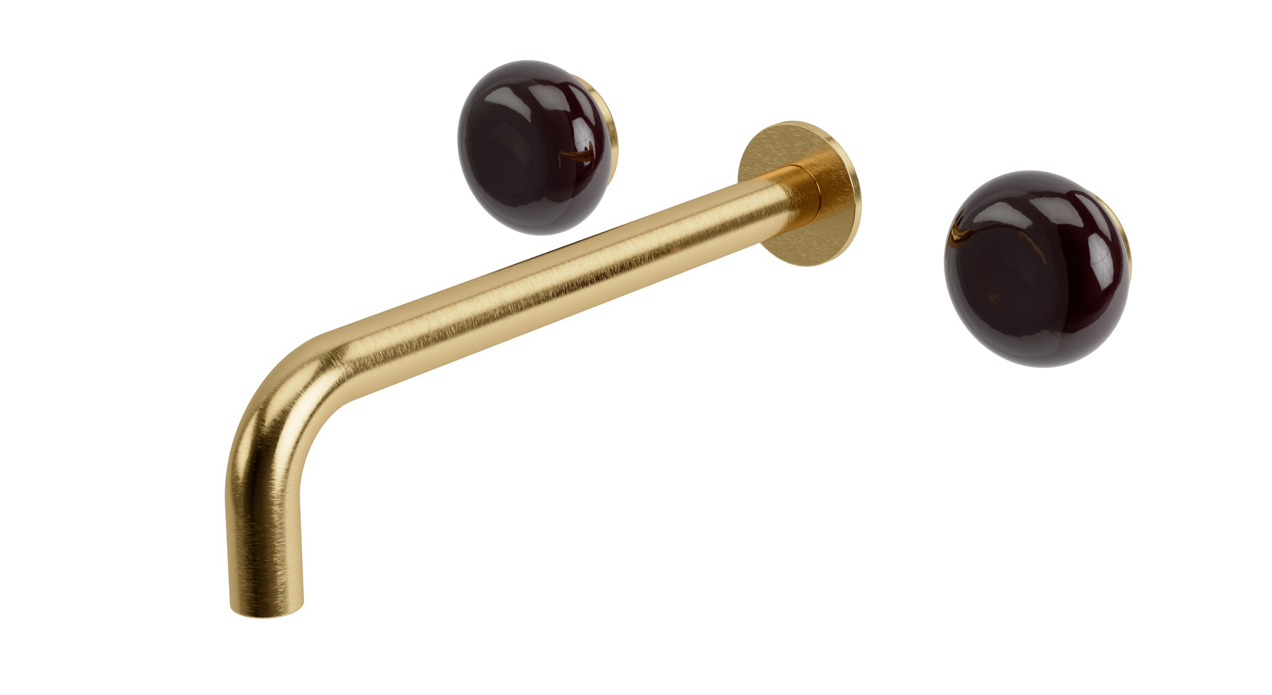Foundry Two Handle Wall Mount 10" Lavatory Faucet with Pebble Ceramic Knob Handles in Satin Brass