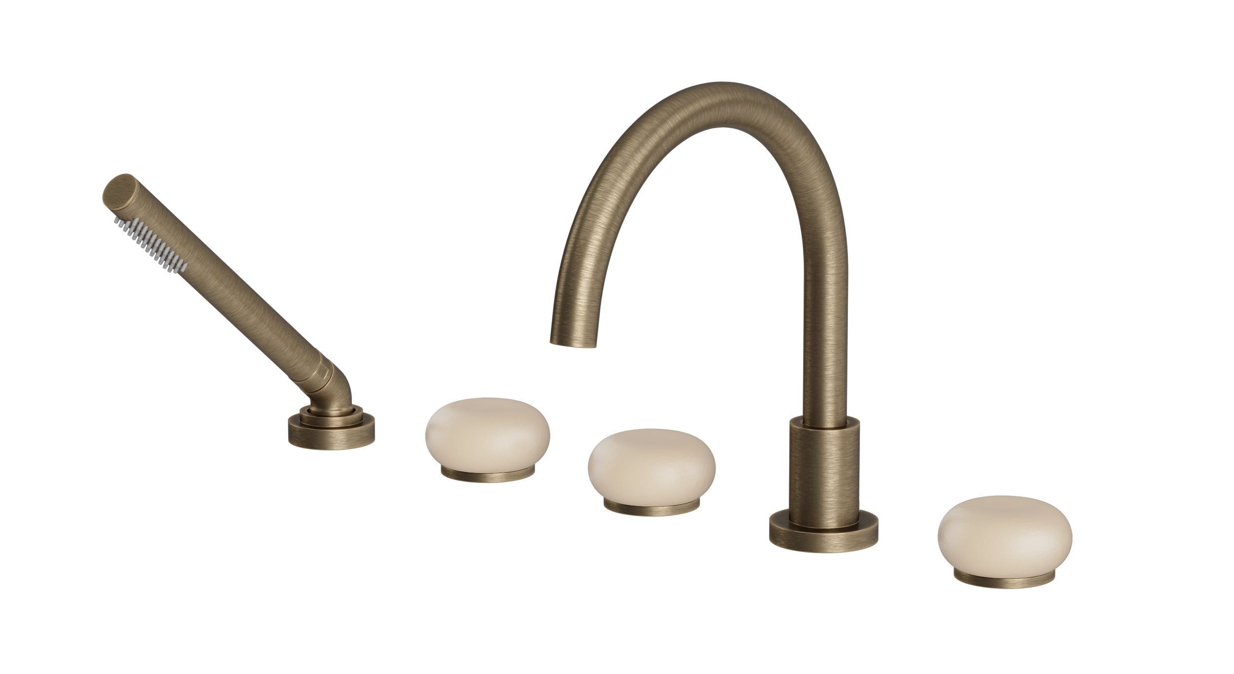Foundry Three Handle Deck Mount Gooseneck Bath Trim with Hand Shower and Pebble Ceramic Knob Handles in Antique Brass