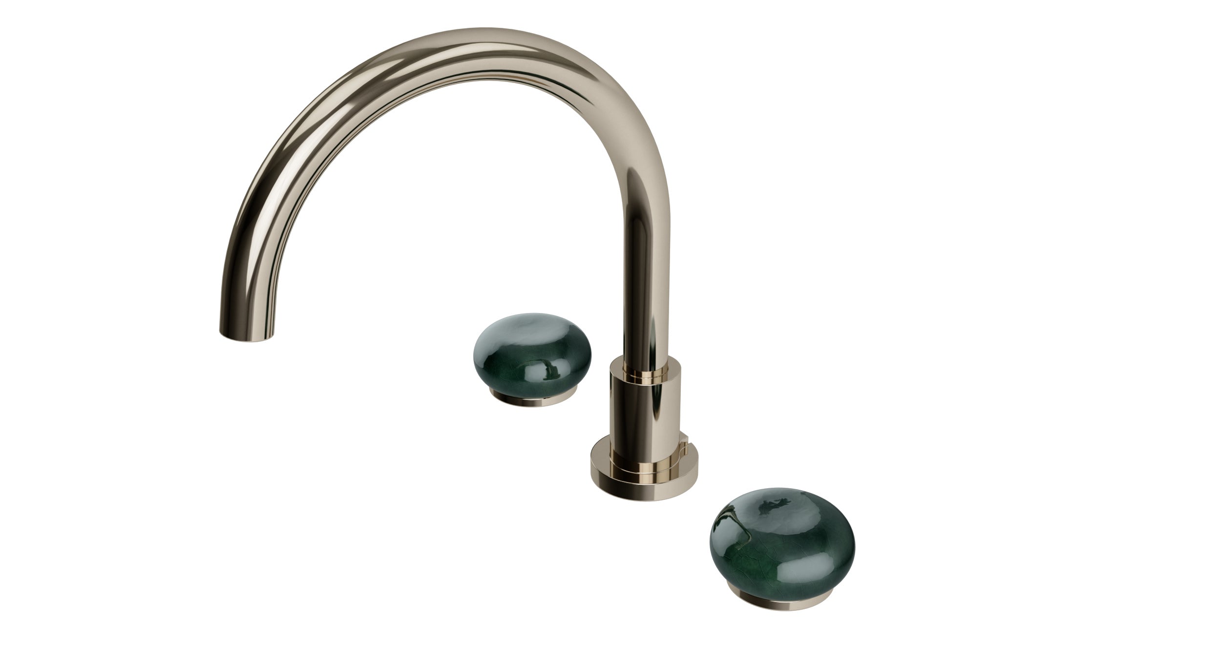 Foundry Two Handle Deck Mount Gooseneck Bath Trim with Pebble Ceramic Knob Handles in Polished Nickel