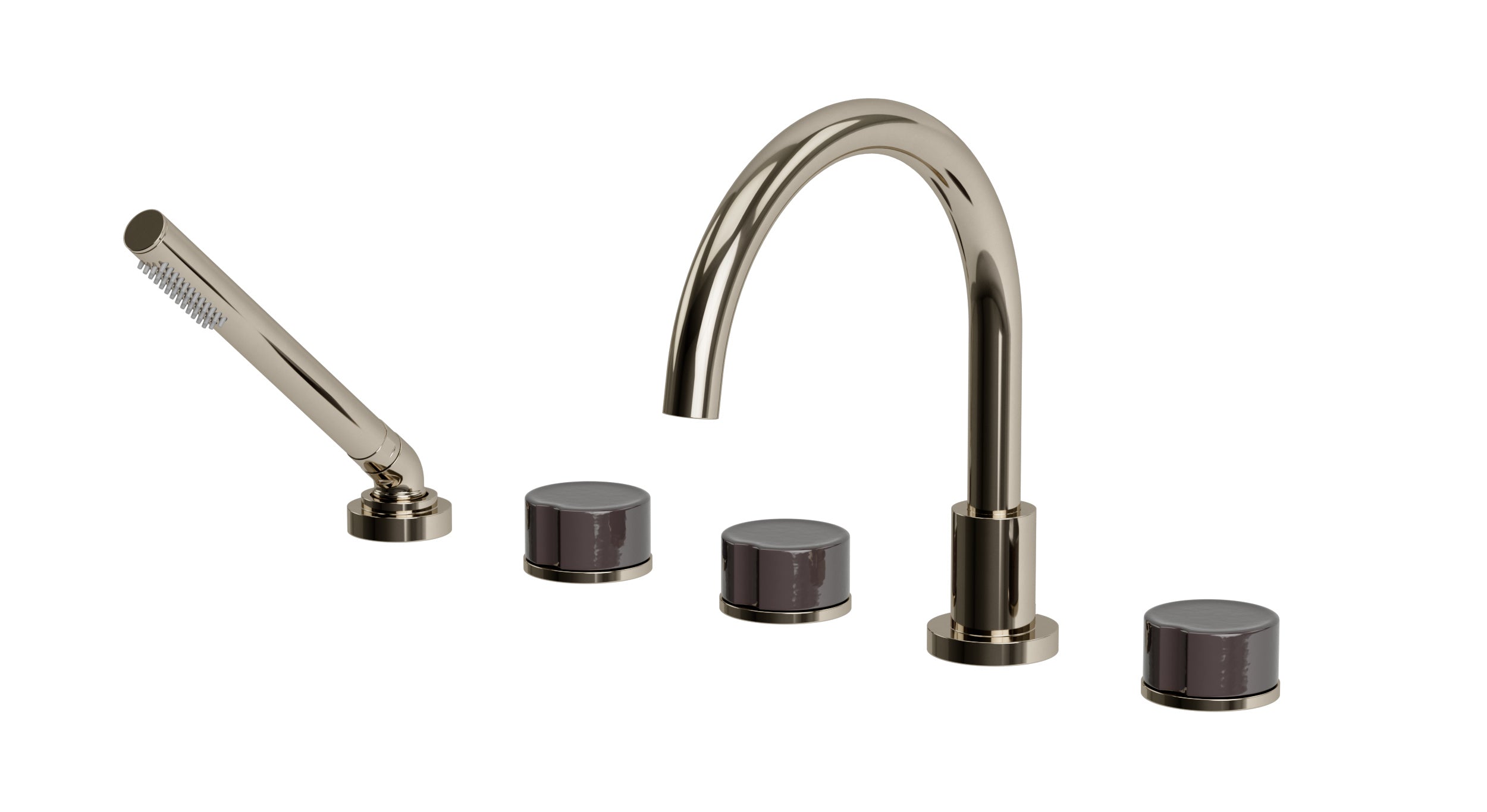 Foundry Three Handle Deck Mount Gooseneck Bath Trim with Hand Shower and Groove Ceramic Knob Handles in Polished Nickel