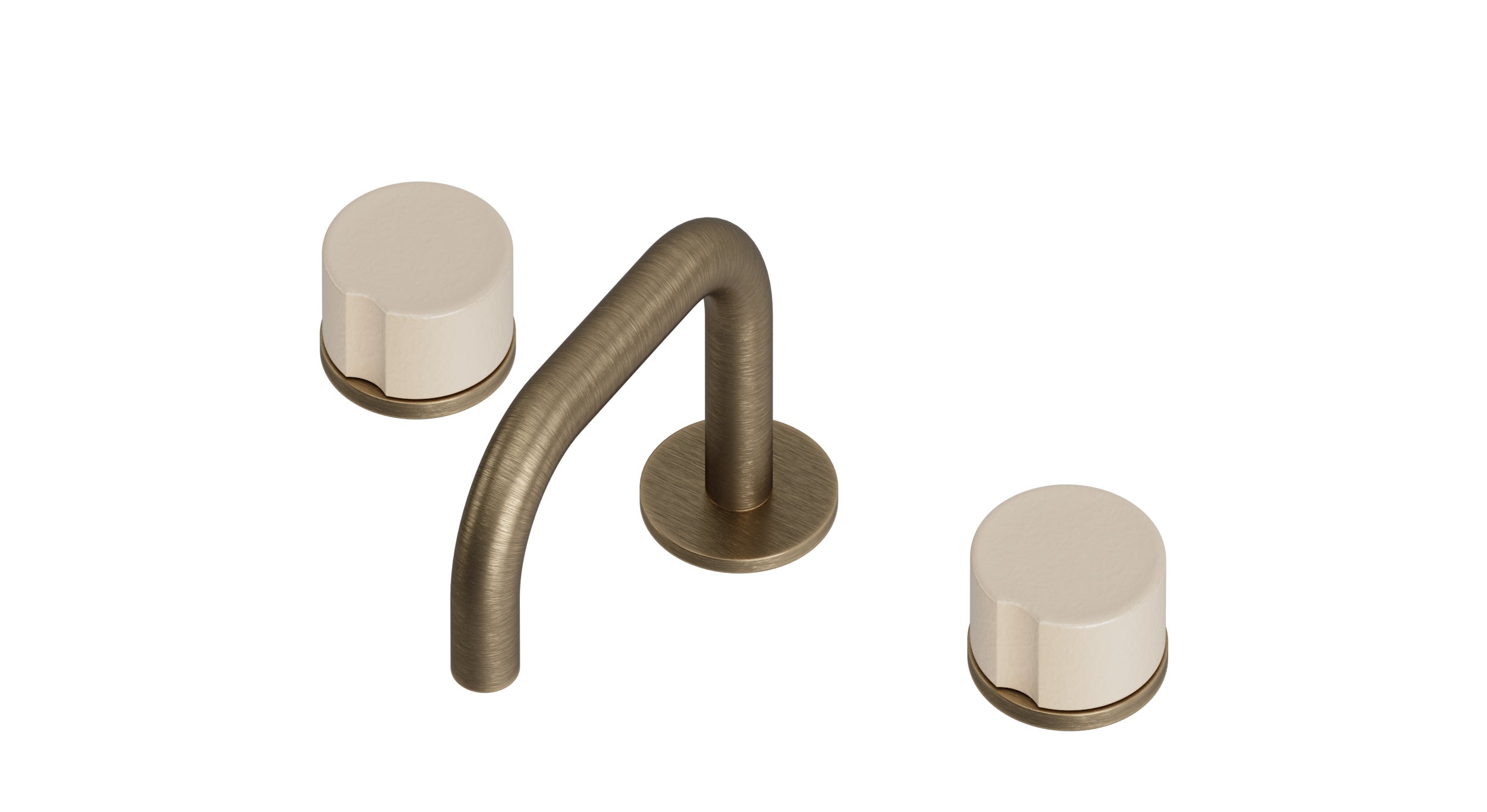 Foundry Two Handle Deck Mount Squaretop Lavatory Faucet with Groove Ceramic Knob Handles in Antique Brass