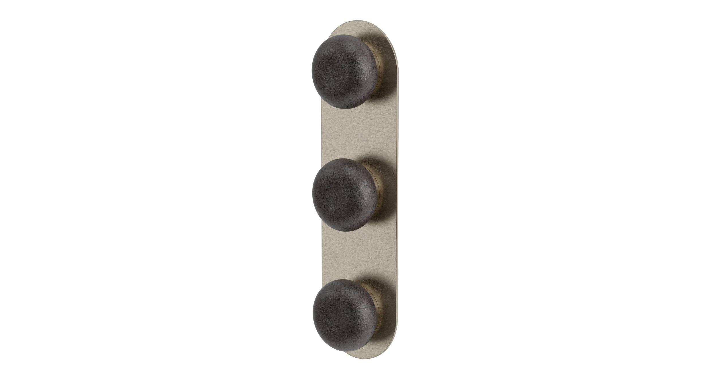 Foundry Three Handle Wall Mount Shower Trim with Pebble Ceramic Knob Handles in Satin Nickel