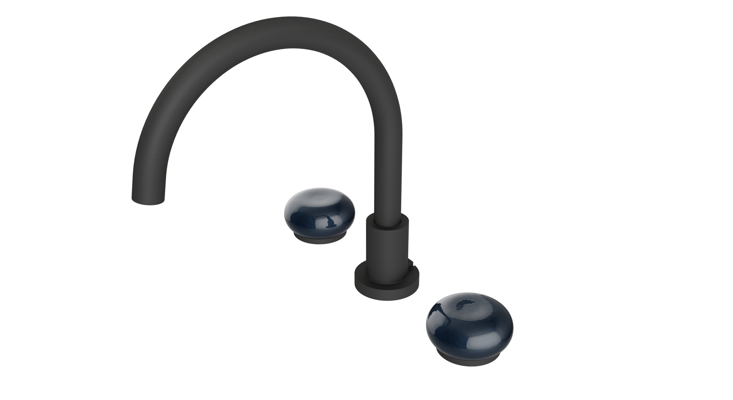 Foundry Two Handle Deck Mount Gooseneck Bath Trim with Pebble Ceramic Knob Handles in Matte Black
