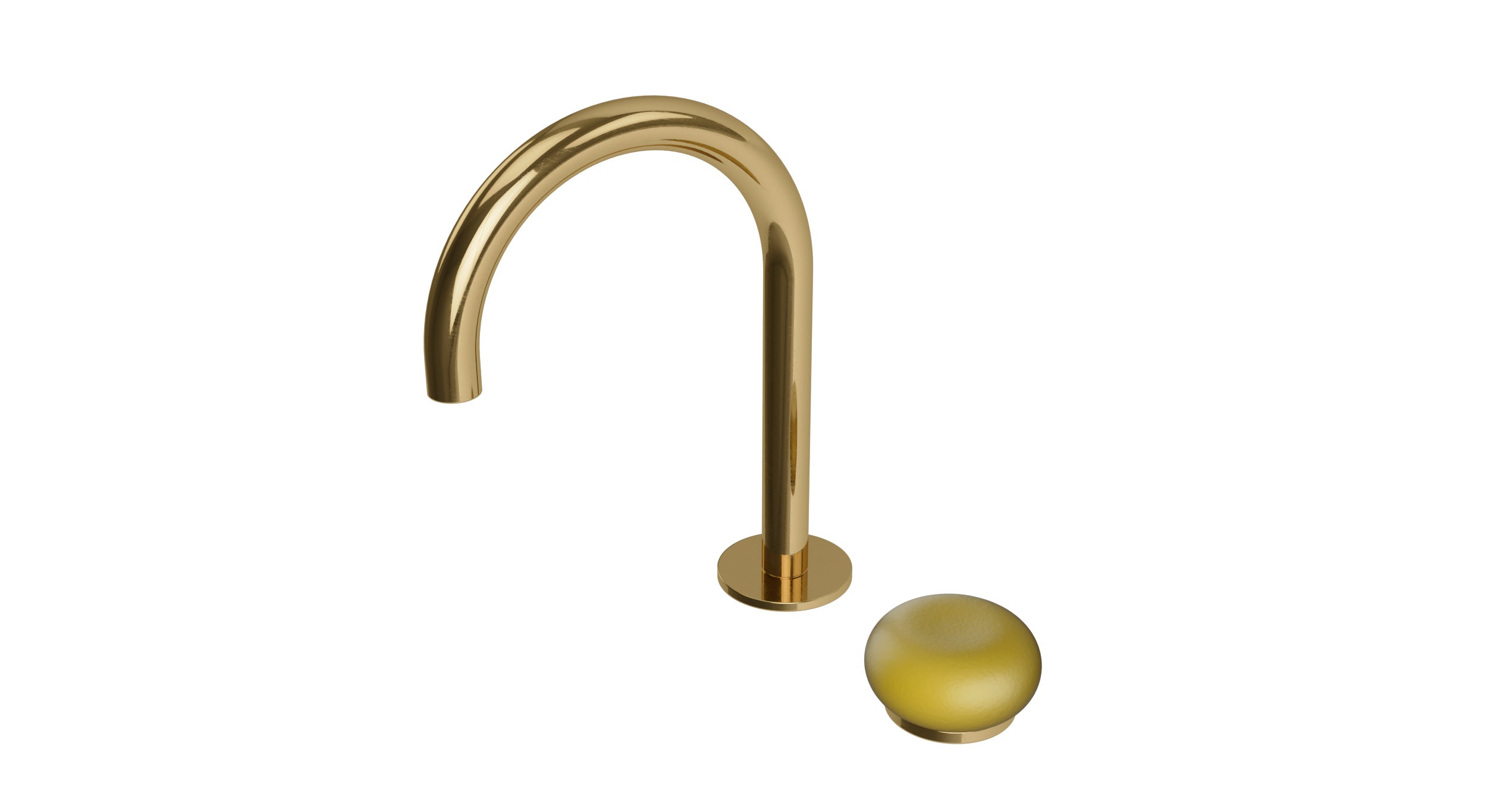 Foundry One Handle Deck Mount Gooseneck Lavatory Faucet with Pebble Ceramic Knob Handle in Uncoated Polished Brass