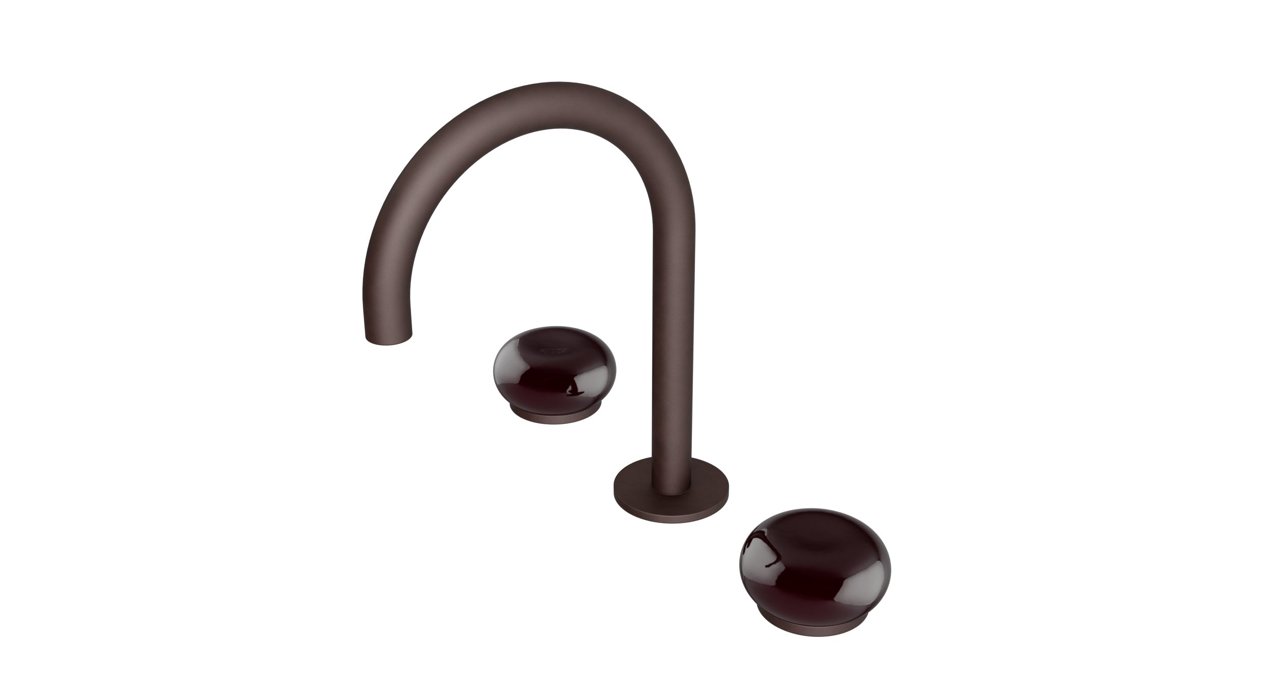 Foundry Two Handle Deck Mount Gooseneck Lavatory Faucet with Pebble Ceramic Knob Handles in Architectural Copper