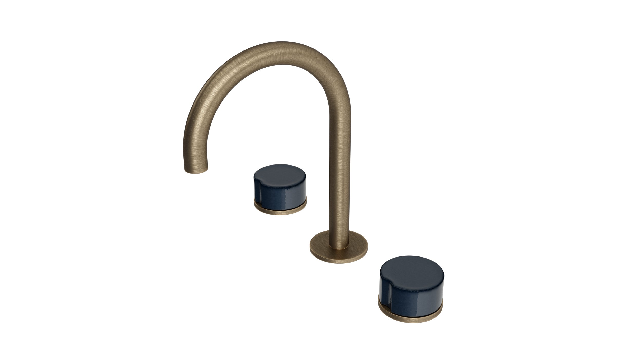 Foundry Two Handle Deck Mount Gooseneck Lavatory Faucet with Groove Ceramic Knob Handles in Antique Brass