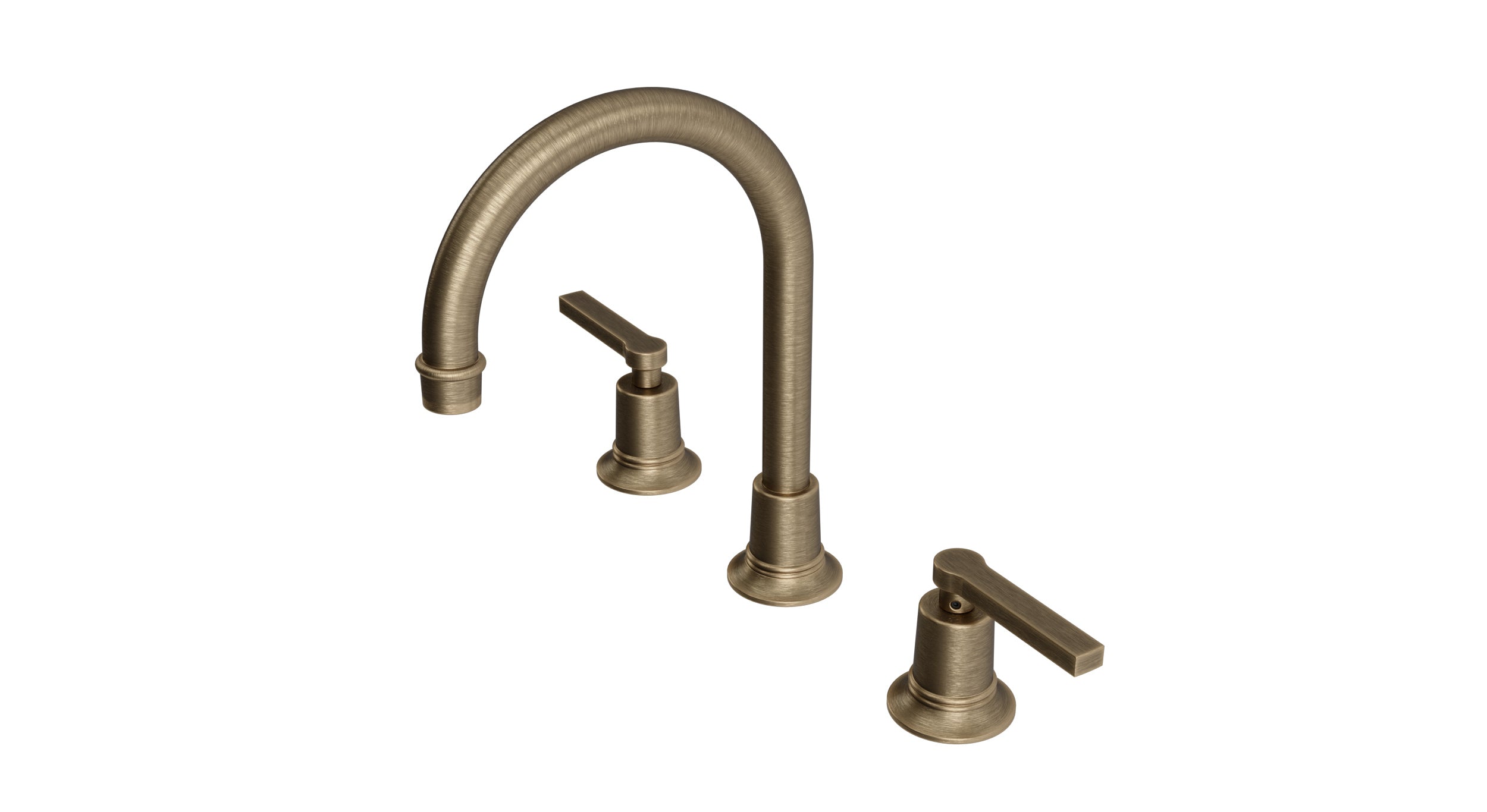 Emerson Two Handle Deck Mount Gooseneck Lavatory Faucet with Classic Lever Handles in Antique Brass