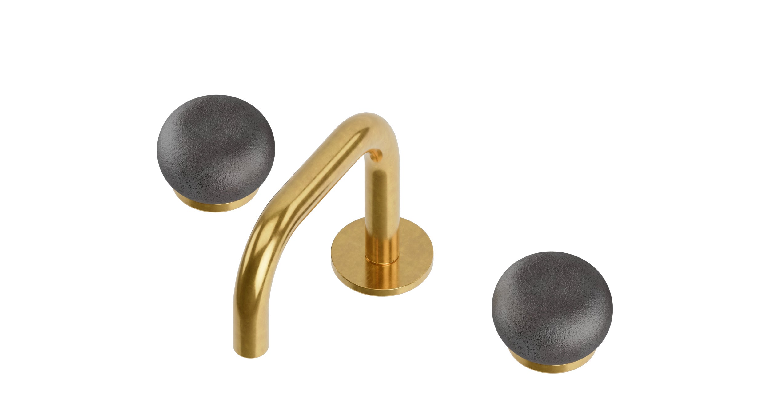 Foundry Two Handle Deck Mount Squaretop Lavatory Faucet with Pebble Ceramic Knob Handles in French Brass