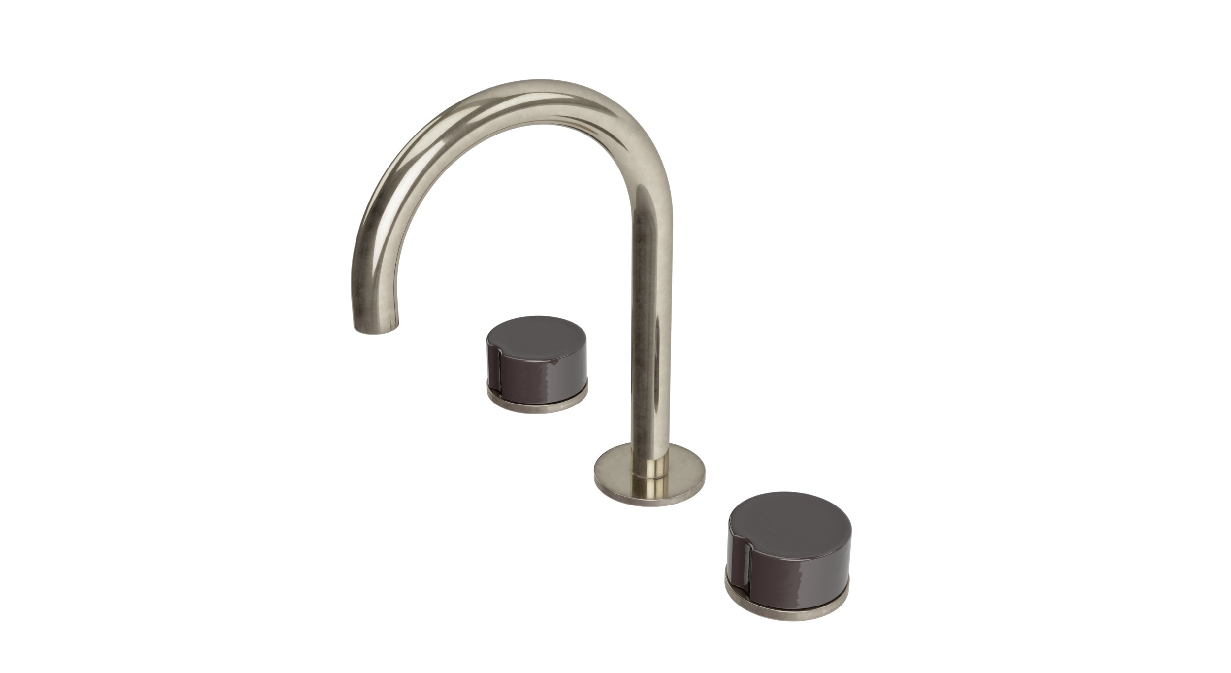 Foundry Two Handle Deck Mount Gooseneck Lavatory Faucet with Groove Ceramic Knob Handles in French Nickel
