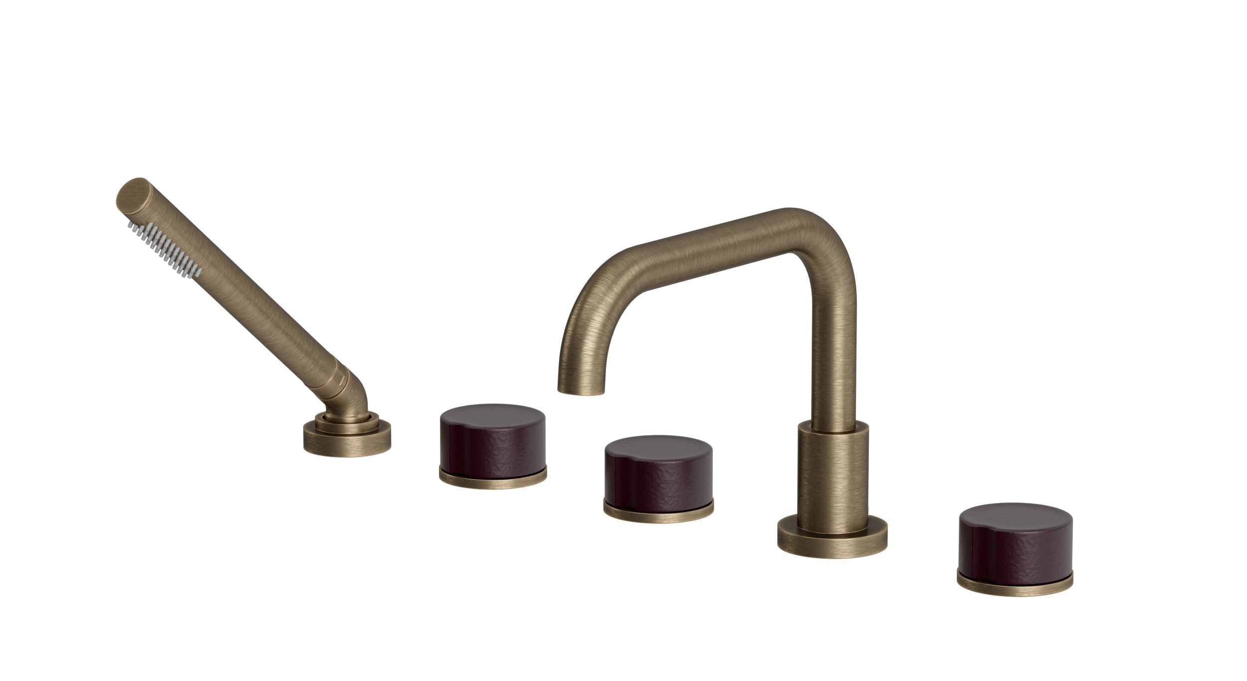 Foundry Three Handle Deck Mount Squaretop Bath Trim with Hand Shower and Groove Ceramic Knob Handles in Antique Brass