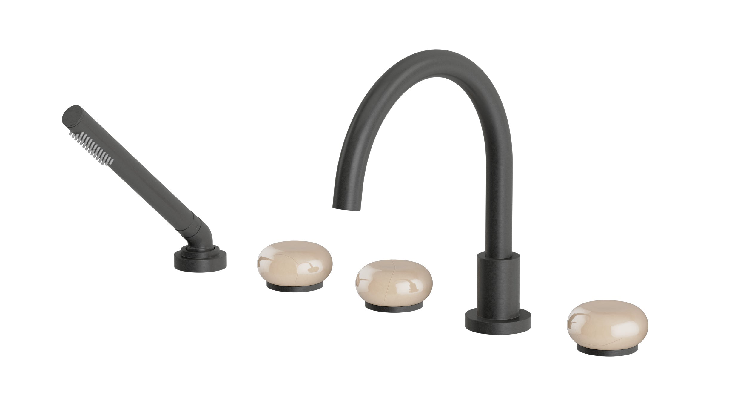 Foundry Three Handle Deck Mount Gooseneck Bath Trim with Hand Shower and Pebble Ceramic Knob Handles in Blackened Nickel
