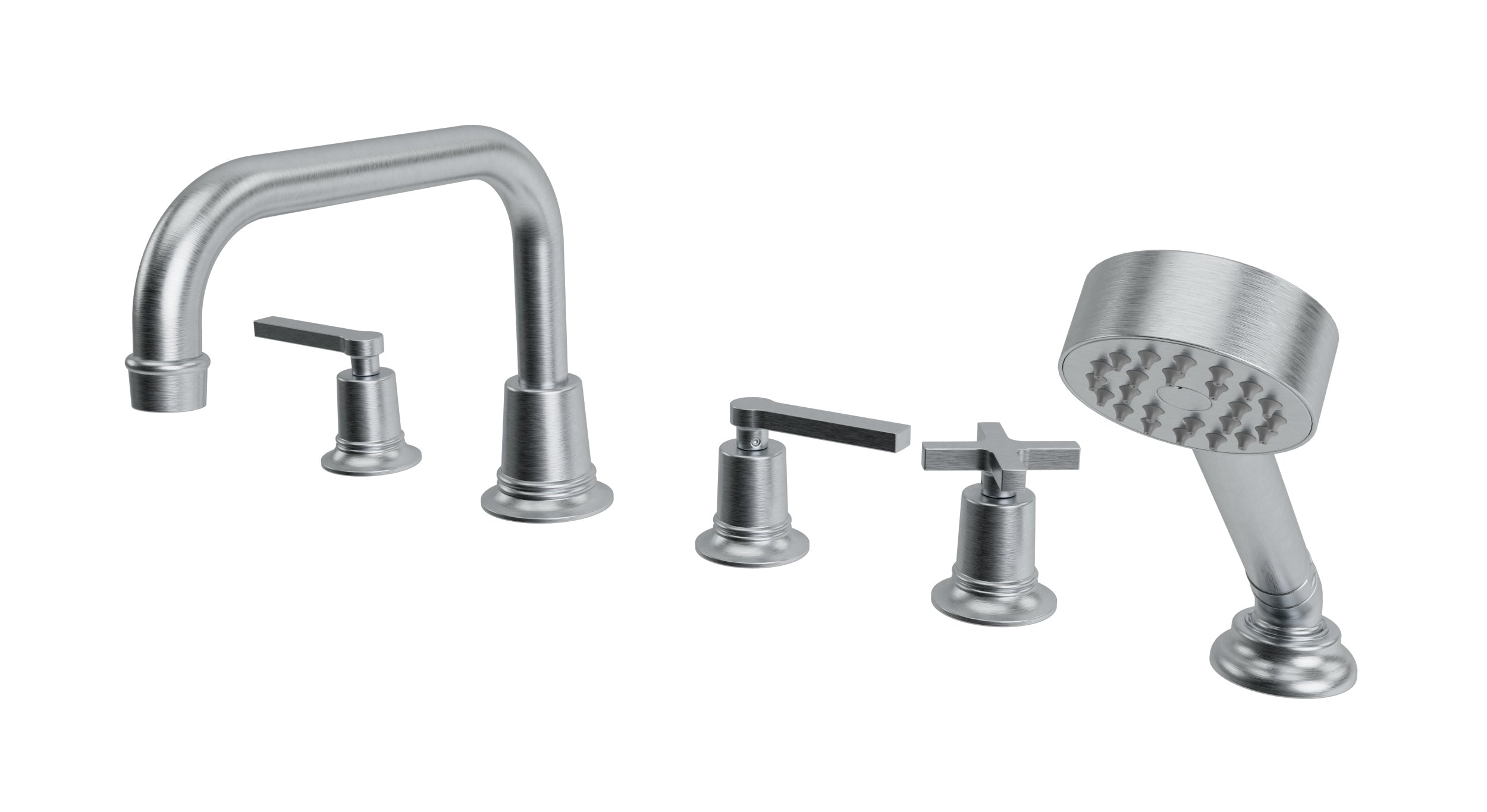 Emerson Three Handle Deck Mount Squaretop Bath Trim with Hand Shower and Classic Cross/Classic Lever Handles in Satin Chrome