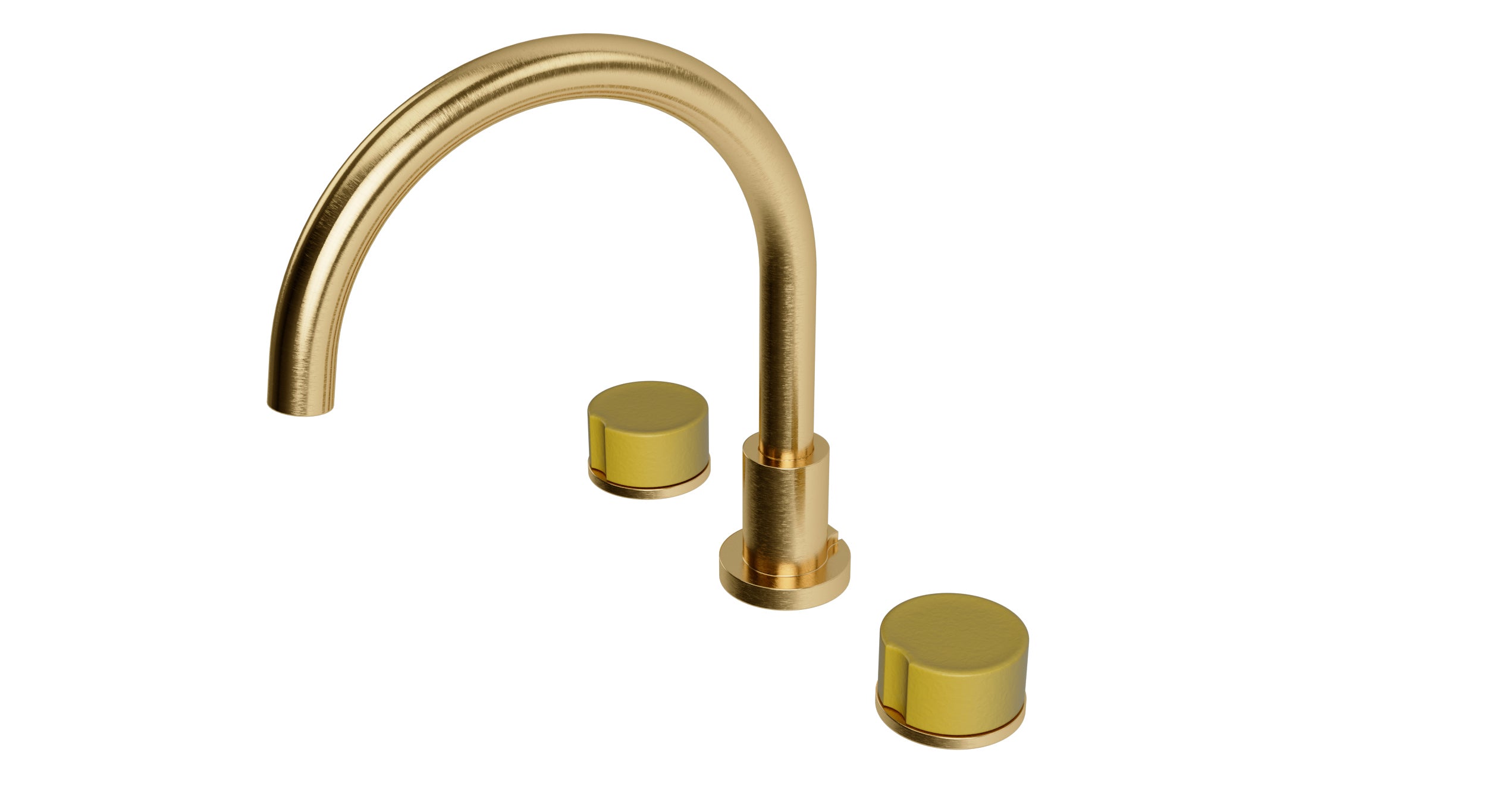 Foundry Two Handle Deck Mount Gooseneck Bath Trim with Groove Ceramic Knob Handles in Satin Brass