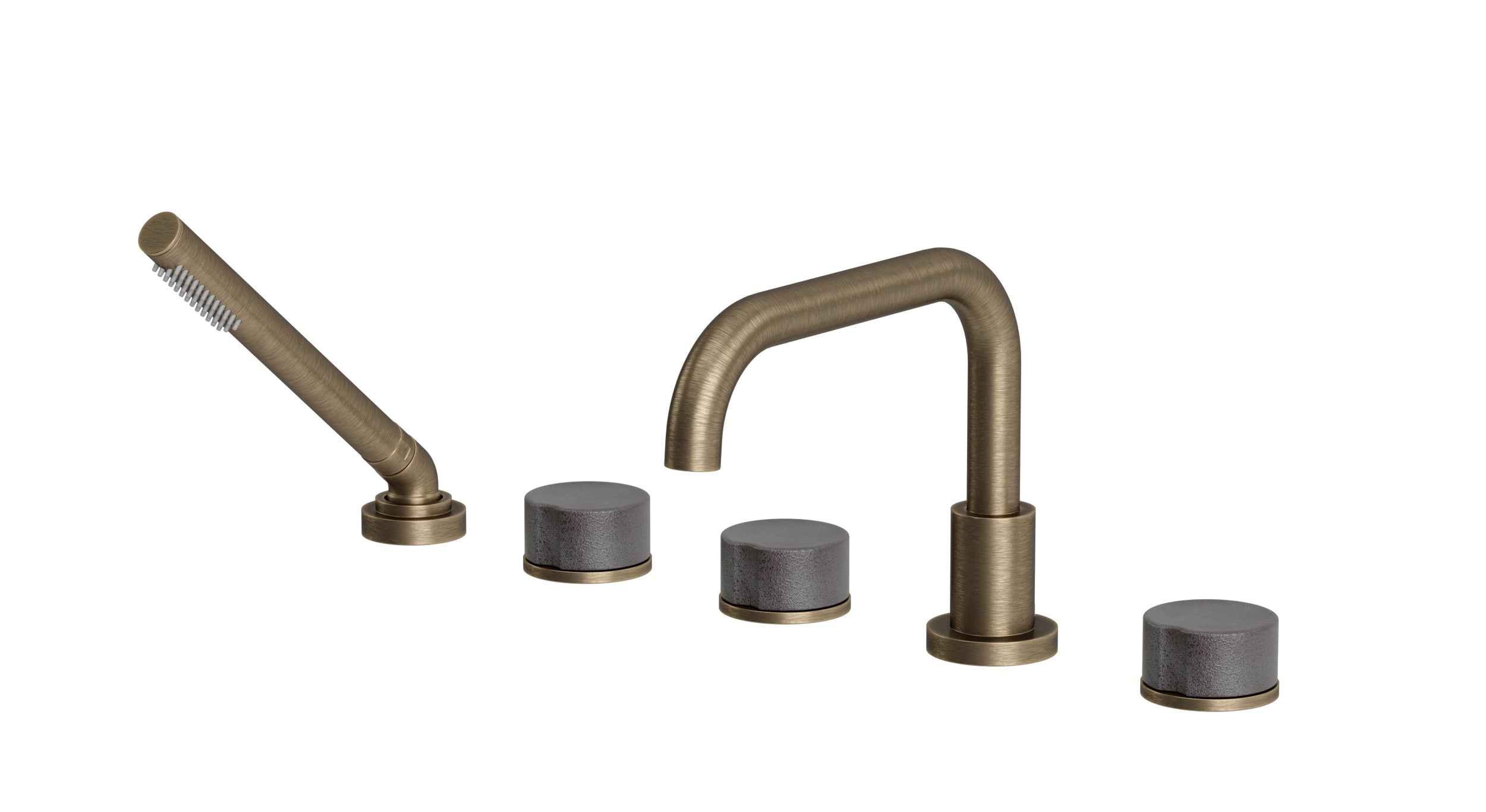 Foundry Three Handle Deck Mount Squaretop Bath Trim with Hand Shower and Groove Ceramic Knob Handles in Antique Brass