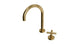 Contour One Handle Deck Mount Gooseneck Lavatory Faucet with Soft Cross Handle in Uncoated Polished Brass