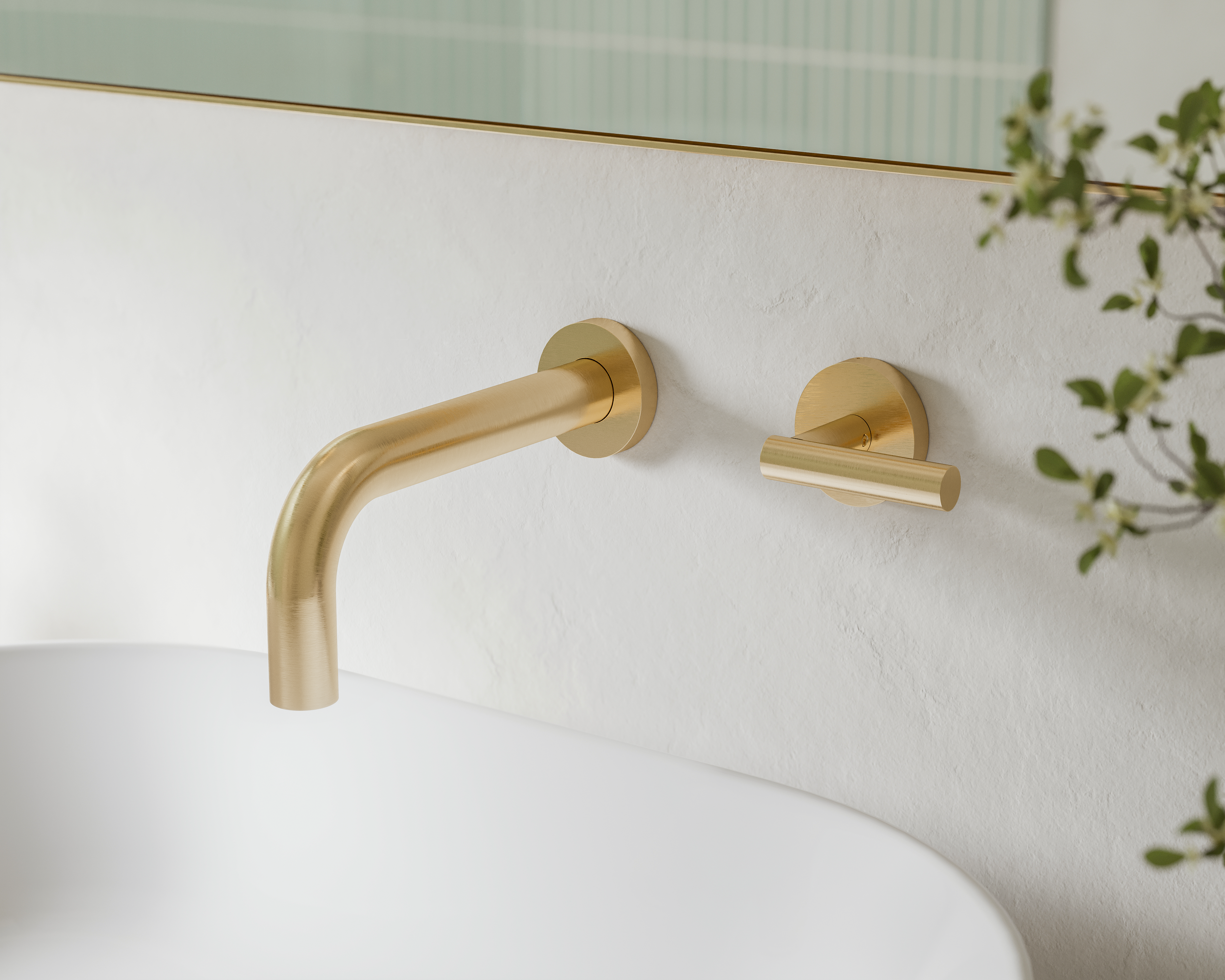 Contour One Handle Wall Mount 7.5" Lavatory Faucet with Soft Lever Handle in Satin Brass