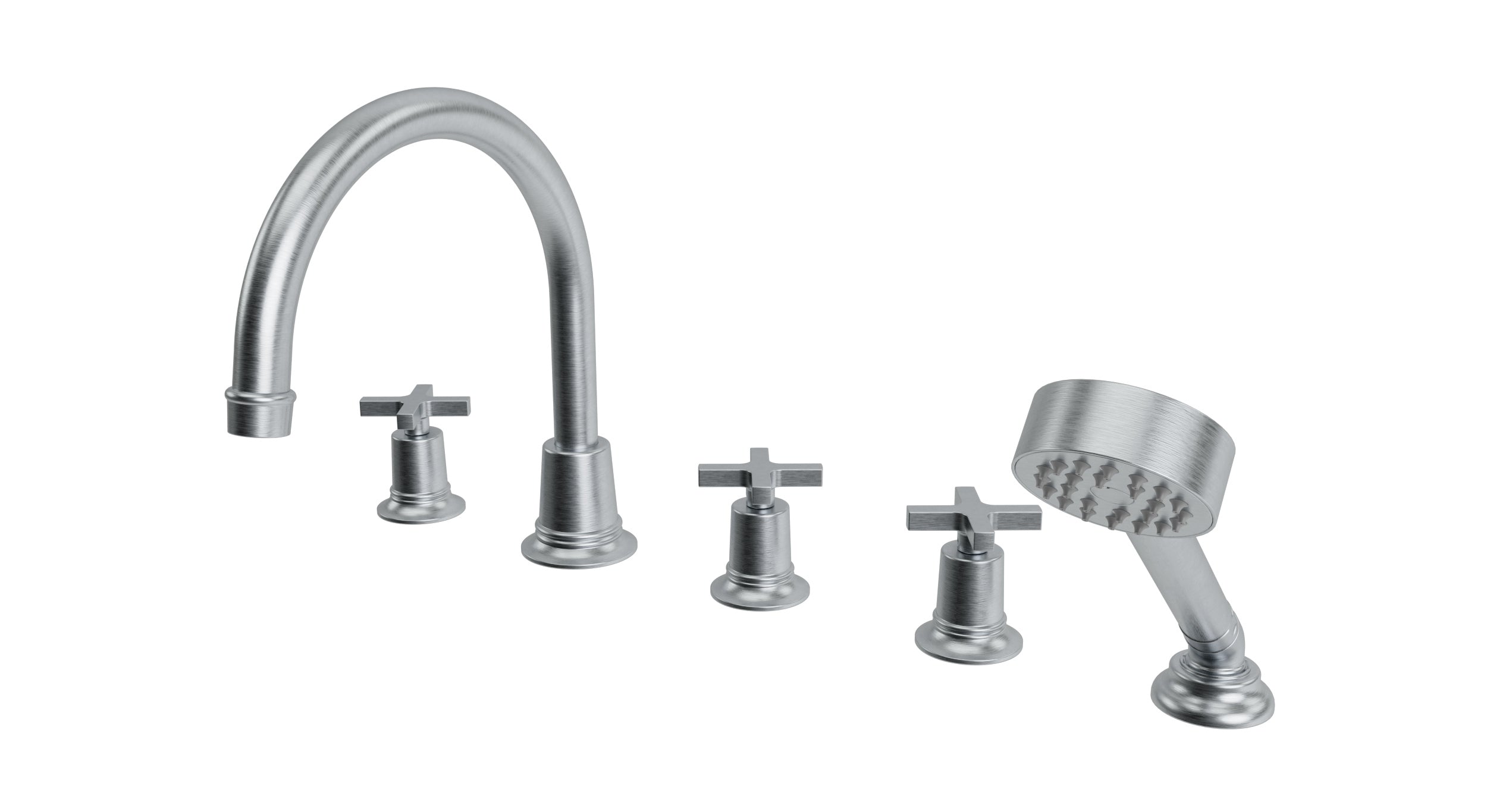 Emerson Three Handle Deck Mount Gooseneck Bath Trim with Hand Shower and Classic Cross Handles in Satin Chrome