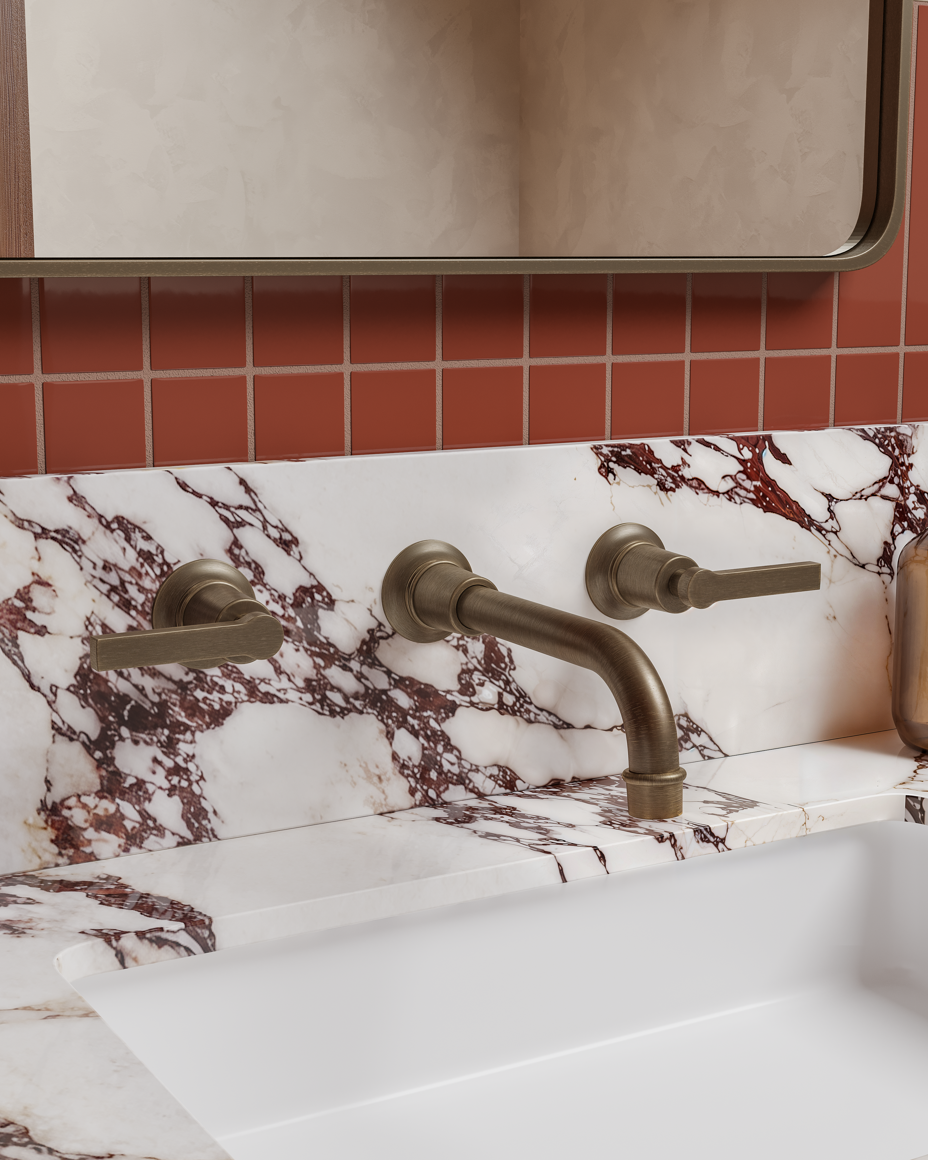 Emerson Two Handle Wall Mount 8.25" Lavatory Faucet with Classic Lever Handles in Antique Brass