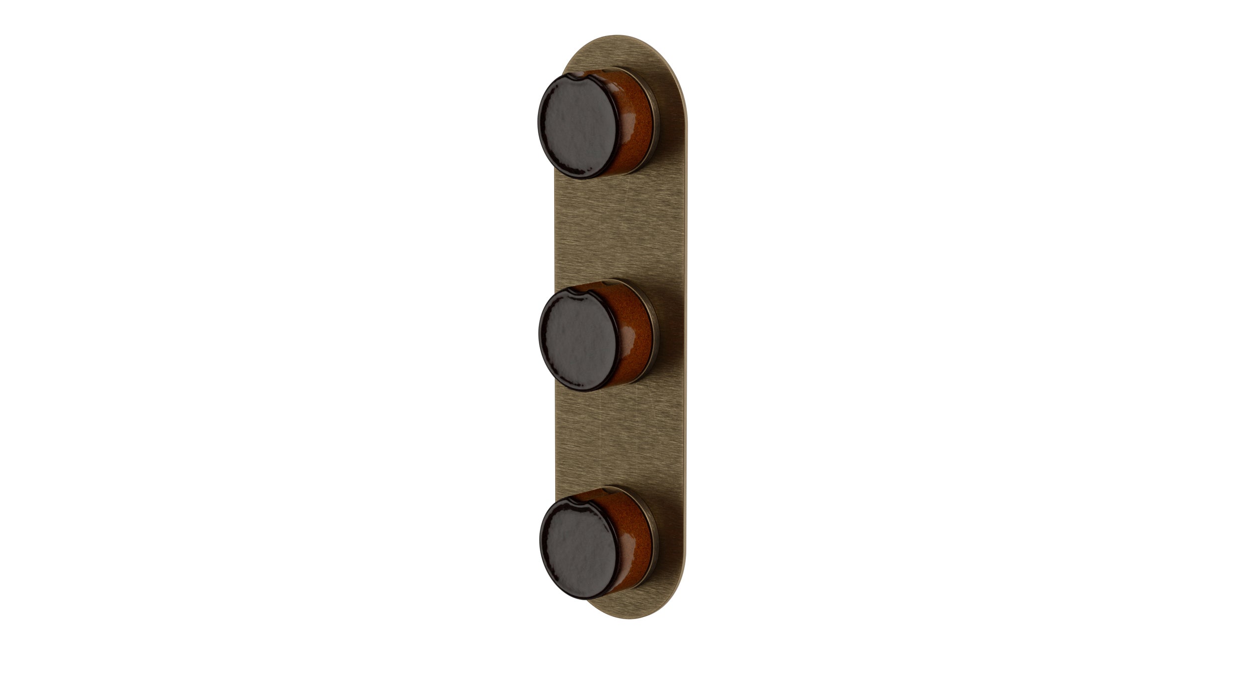 Foundry Three Handle Wall Mount Shower Trim with Groove Ceramic Knob Handles in Antique Brass
