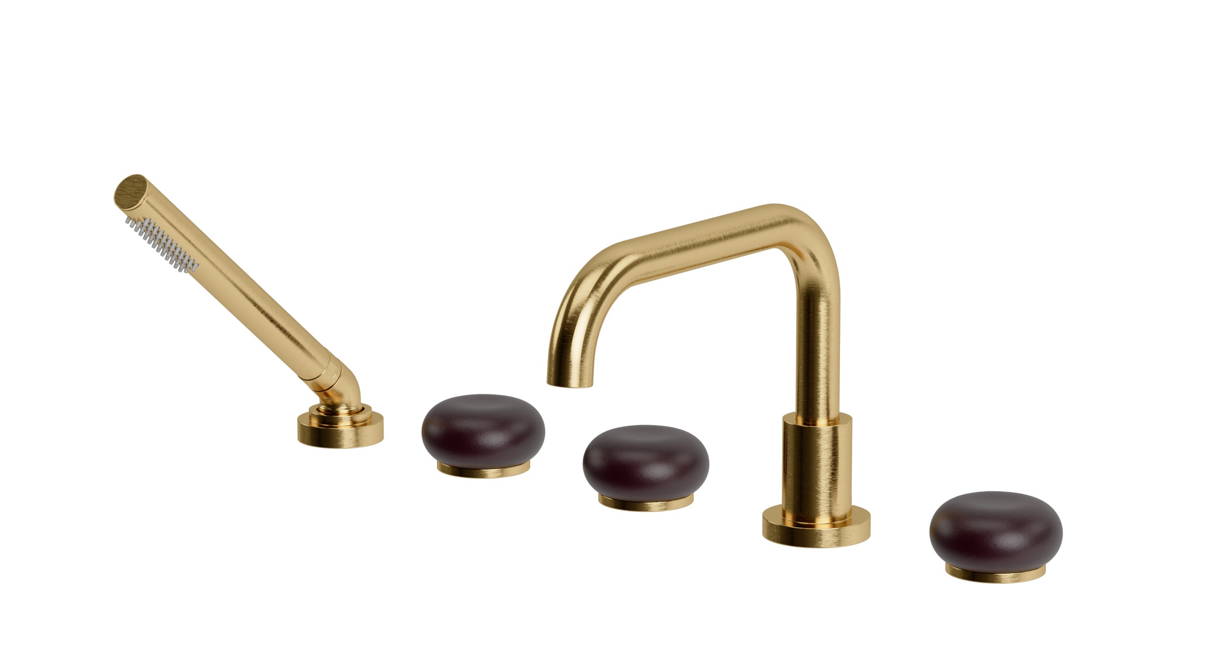 Foundry Three Handle Deck Mount Squaretop Bath Trim with Hand Shower and Pebble Ceramic Knob Handles in Satin Brass