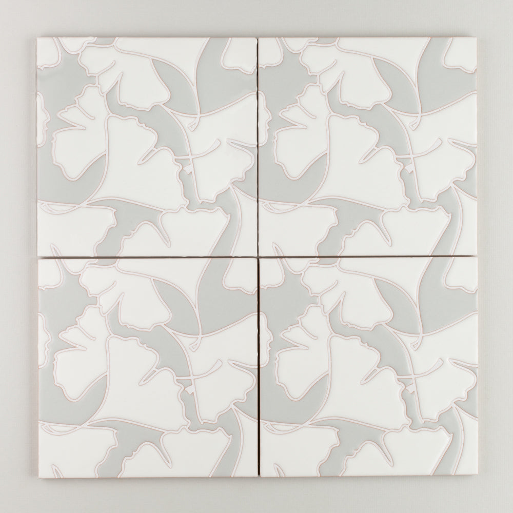 8x8 Handpainted Tile Gingko in Neutral Motif