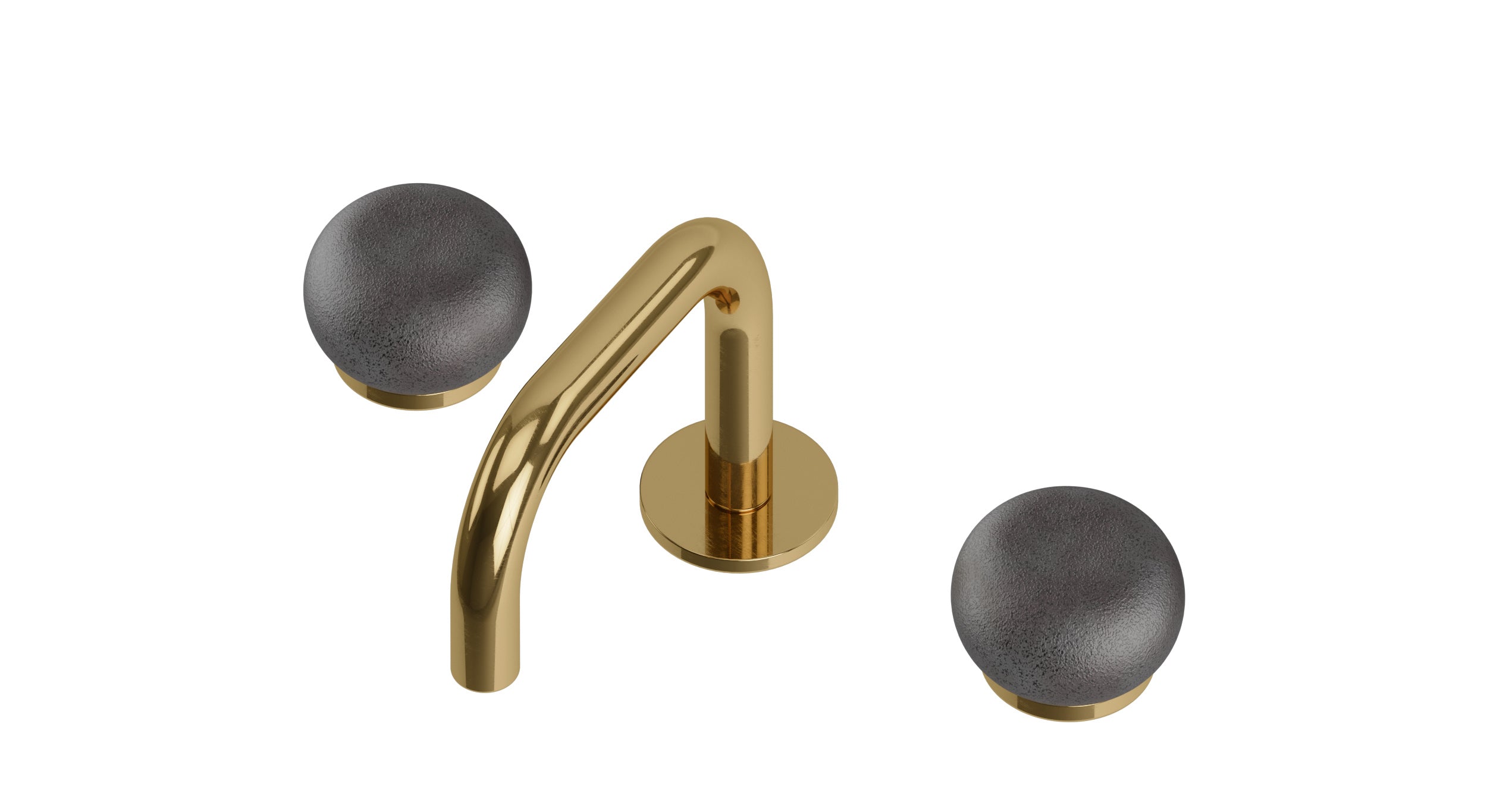Foundry Two Handle Deck Mount Squaretop Lavatory Faucet with Pebble Ceramic Knob Handles in Uncoated Polished Brass
