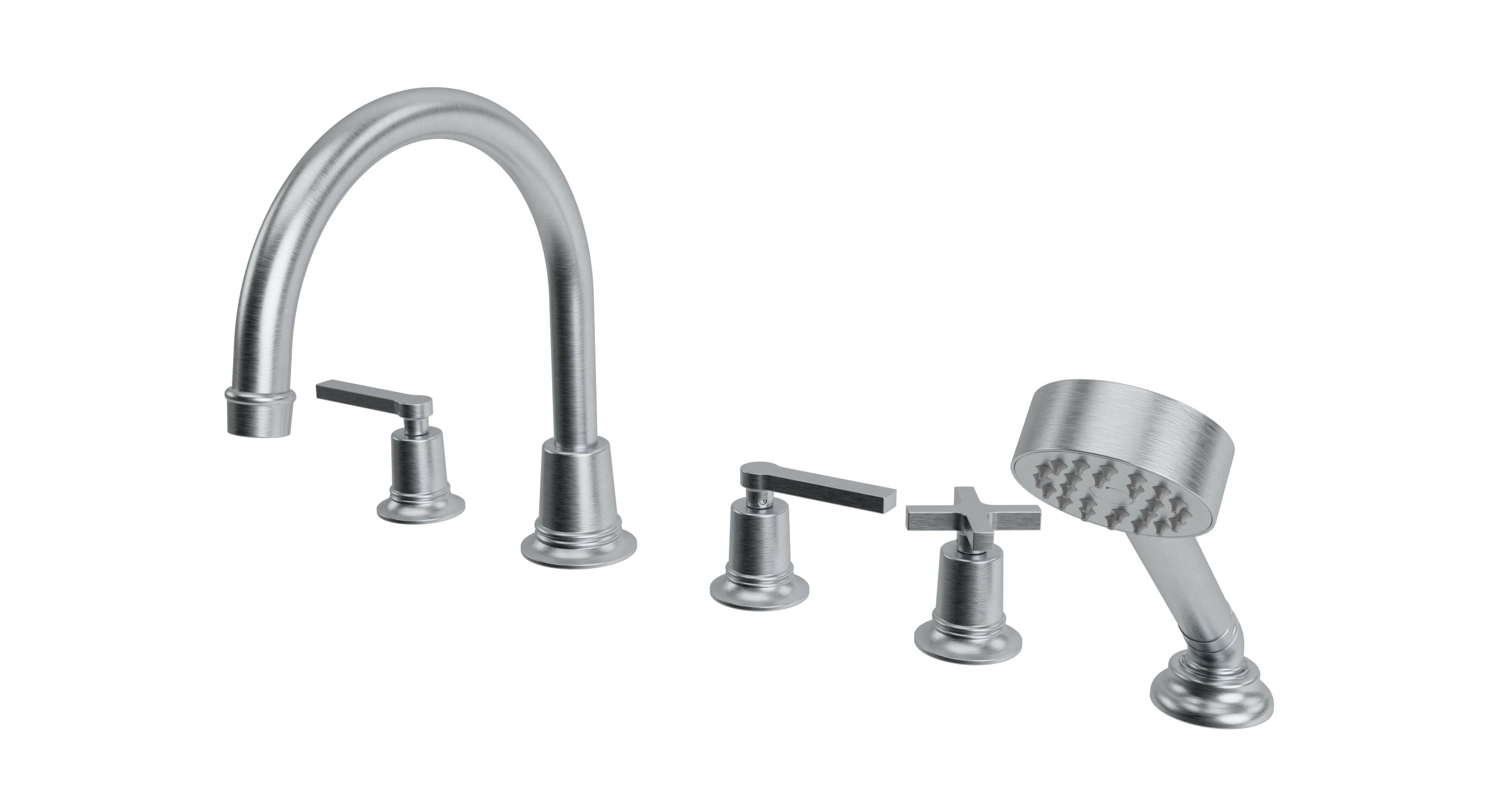Emerson Three Handle Deck Mount Gooseneck Bath Trim with Hand Shower and Classic Cross/Classic Lever Handles in Satin Chrome