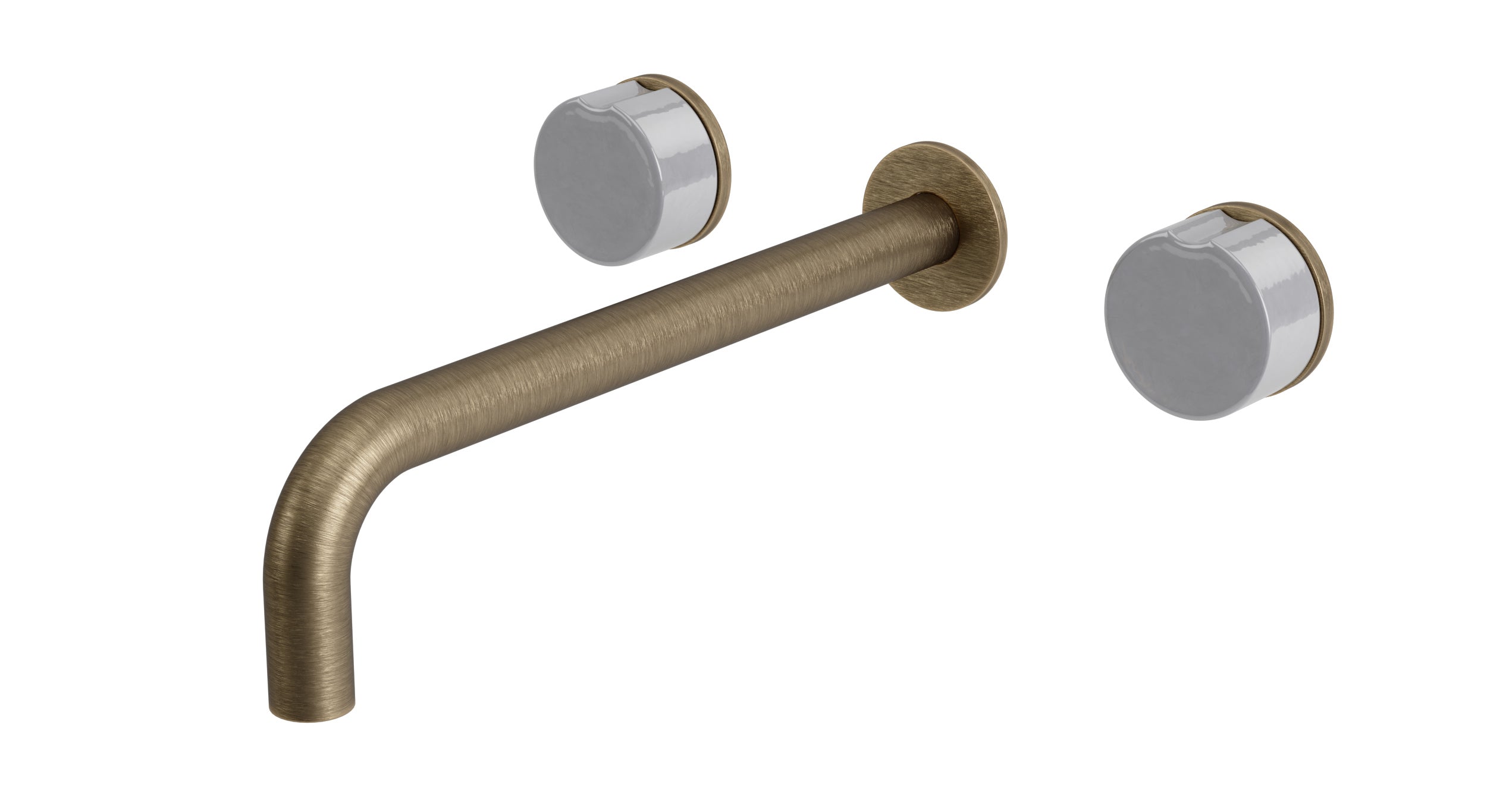 Foundry Two Handle Wall Mount 10" Lavatory Faucet with Groove Ceramic Knob Handles in Antique Brass