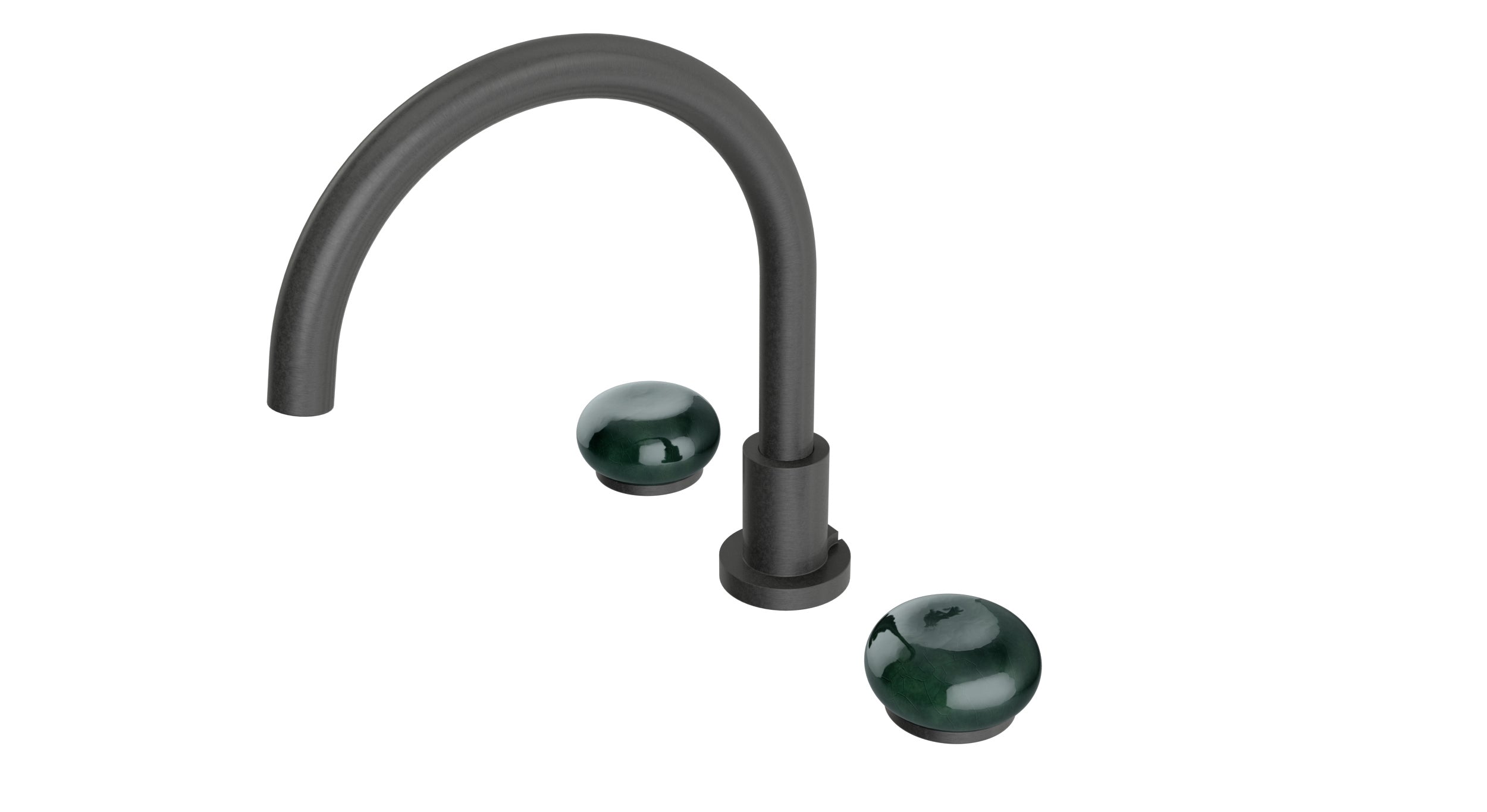 Foundry Two Handle Deck Mount Gooseneck Bath Trim with Pebble Ceramic Knob Handles in Blackened Nickel