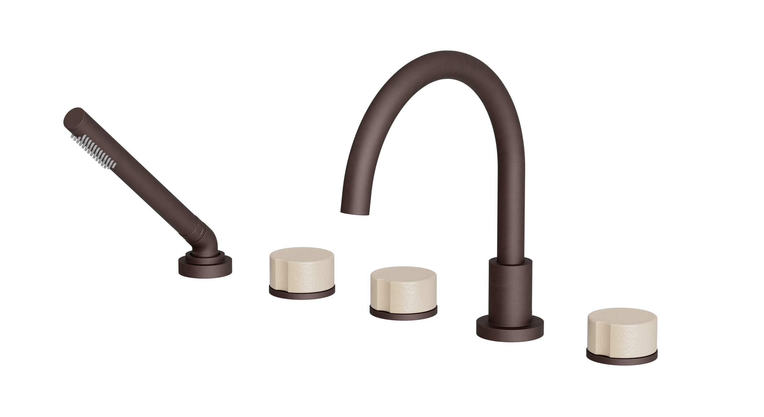Foundry Three Handle Deck Mount Gooseneck Bath Trim with Hand Shower and Groove Ceramic Knob Handles in Architectural Copper