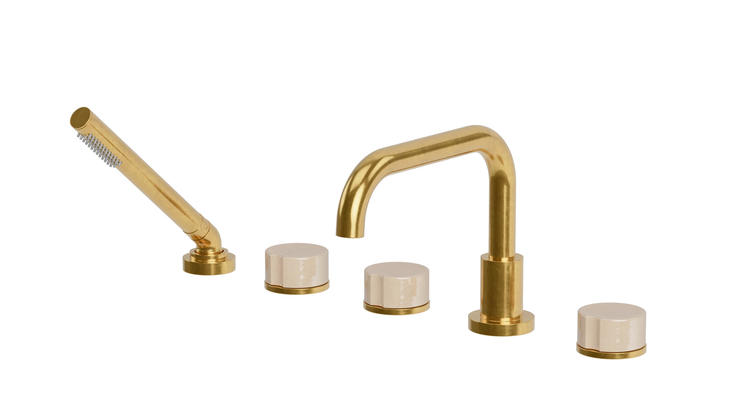 Foundry Three Handle Deck Mount Squaretop Bath Trim with Hand Shower and Groove Ceramic Knob Handles in French Brass