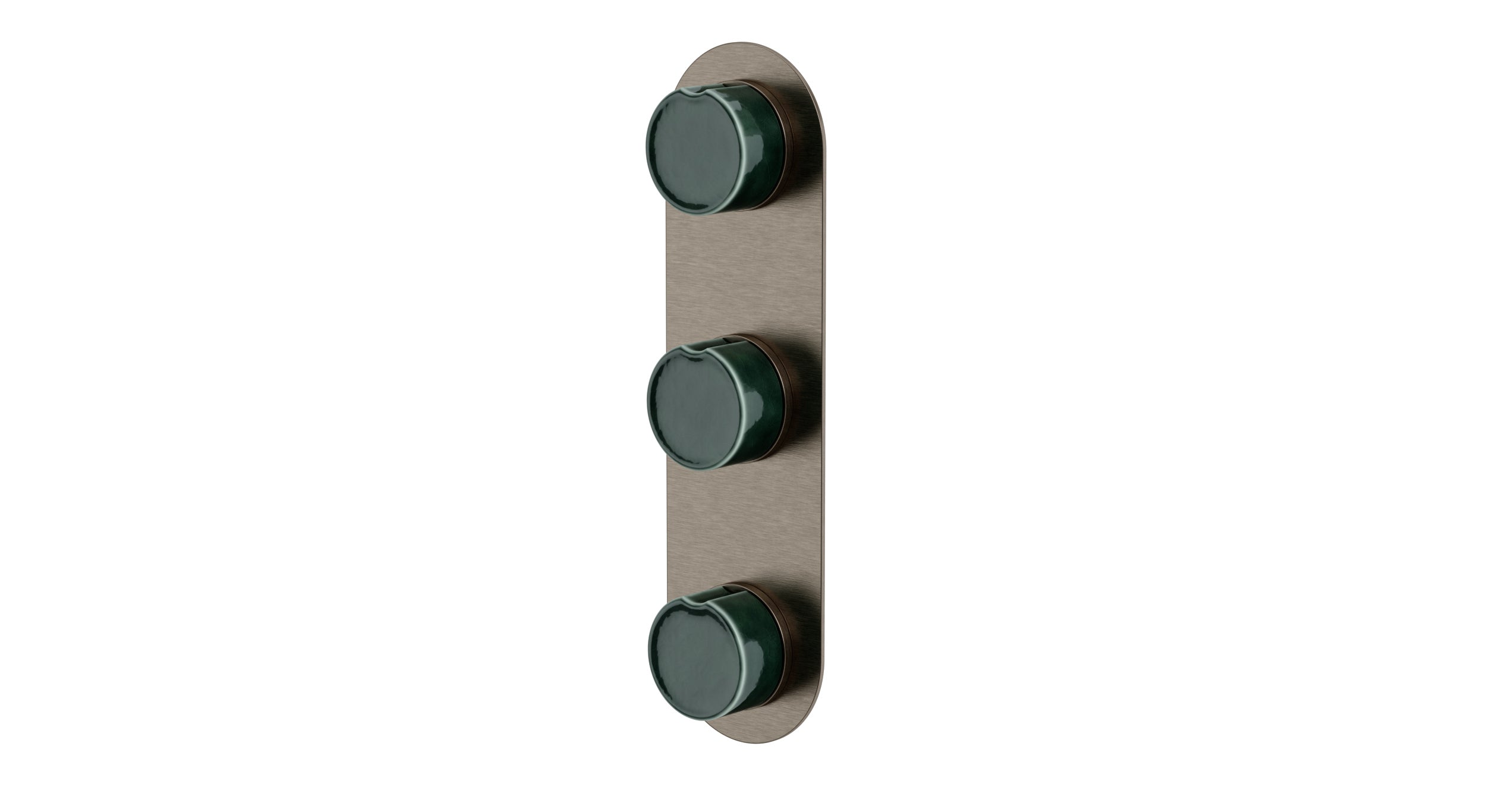 Foundry Three Handle Wall Mount Shower Trim with Groove Ceramic Knob Handles in Antique Nickel