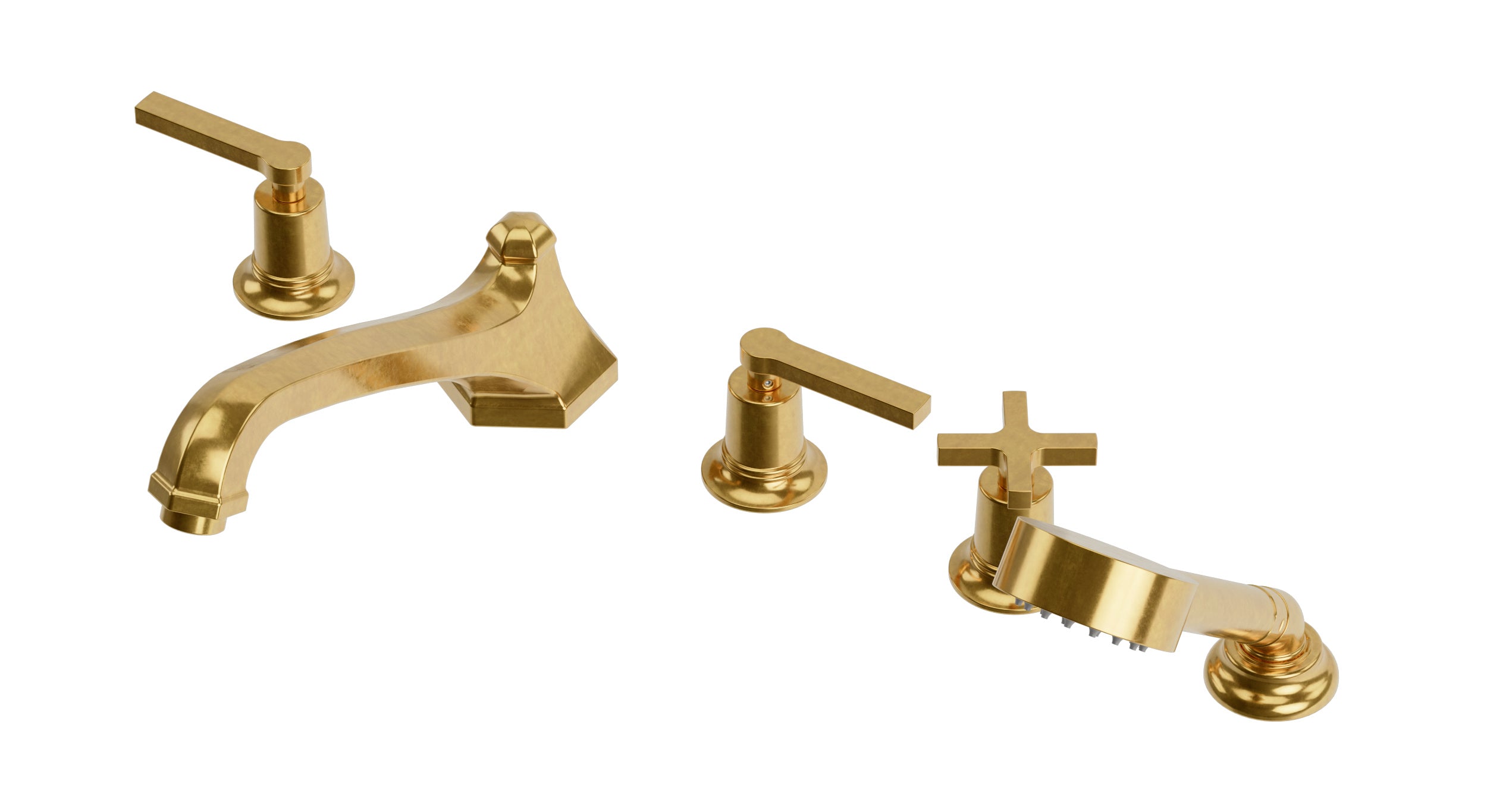Emerson Three Handle Deck Mount Low Hexagon Bath Trim with Hand Shower and Classic Cross/Classic Lever Handles in French Brass