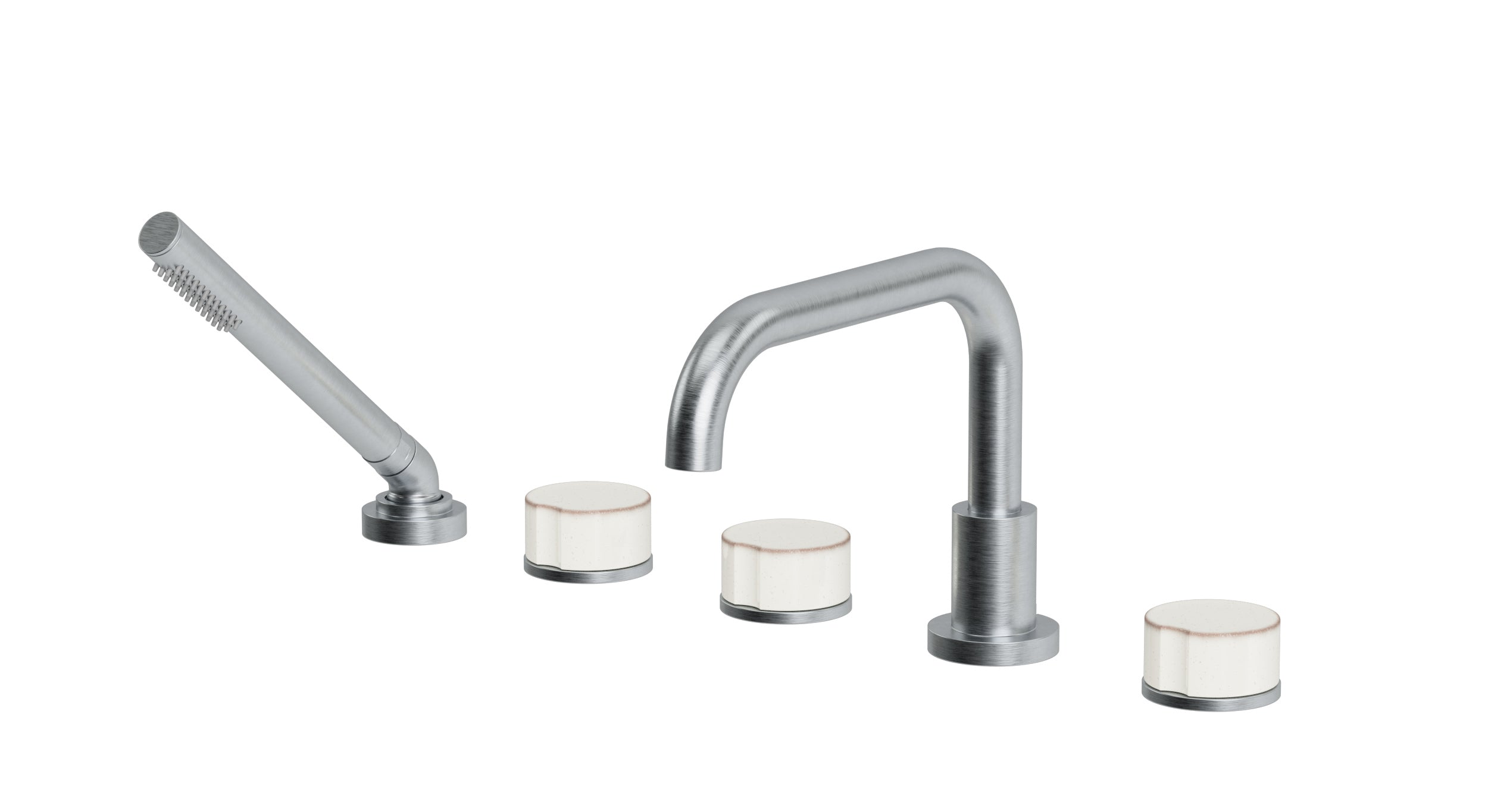 Foundry Three Handle Deck Mount Squaretop Bath Trim with Hand Shower and Groove Ceramic Knob Handles in Satin Chrome