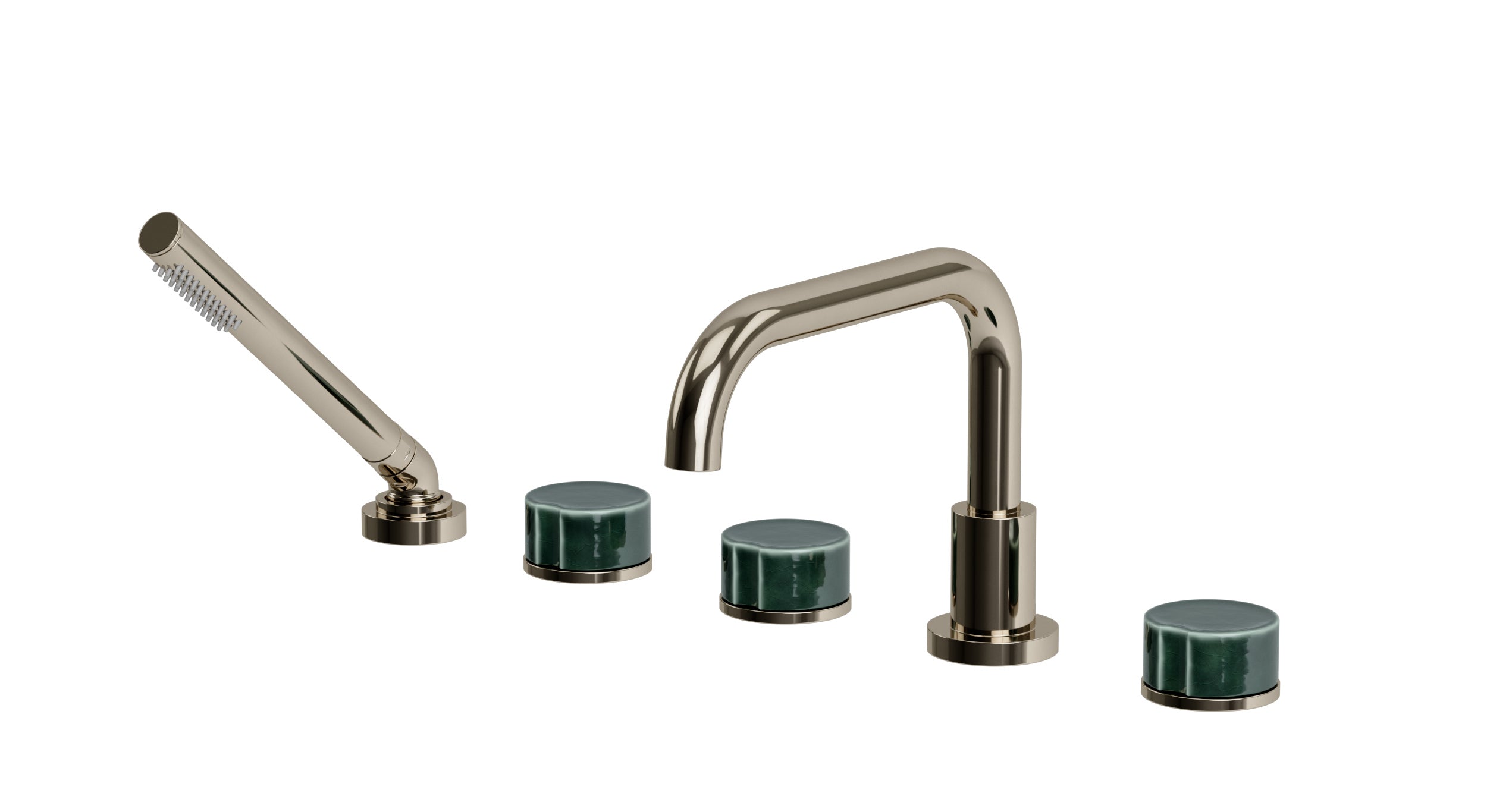 Foundry Three Handle Deck Mount Squaretop Bath Trim with Hand Shower and Groove Ceramic Knob Handles in Polished Nickel