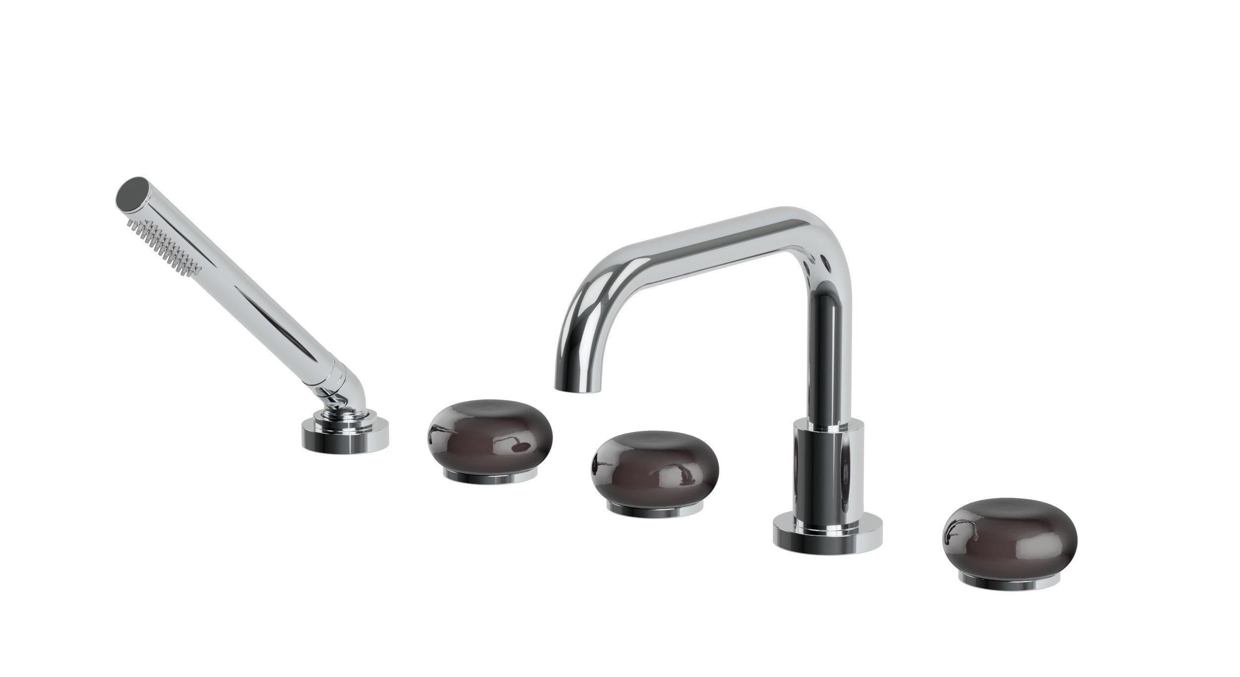 Foundry Three Handle Deck Mount Squaretop Bath Trim with Hand Shower and Pebble Ceramic Knob Handles in Polished Chrome