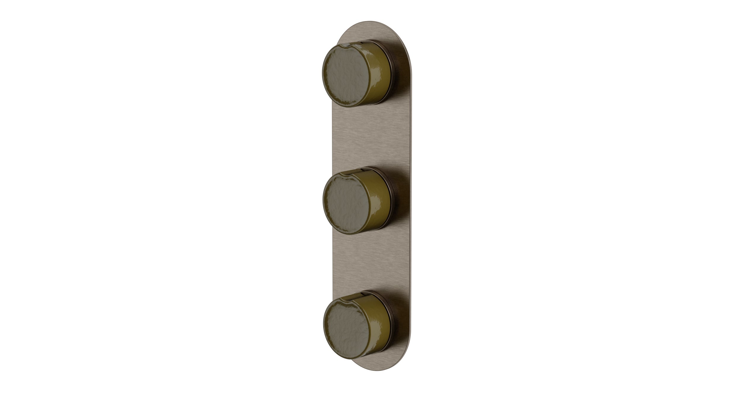 Foundry Three Handle Wall Mount Shower Trim with Groove Ceramic Knob Handles in Antique Nickel