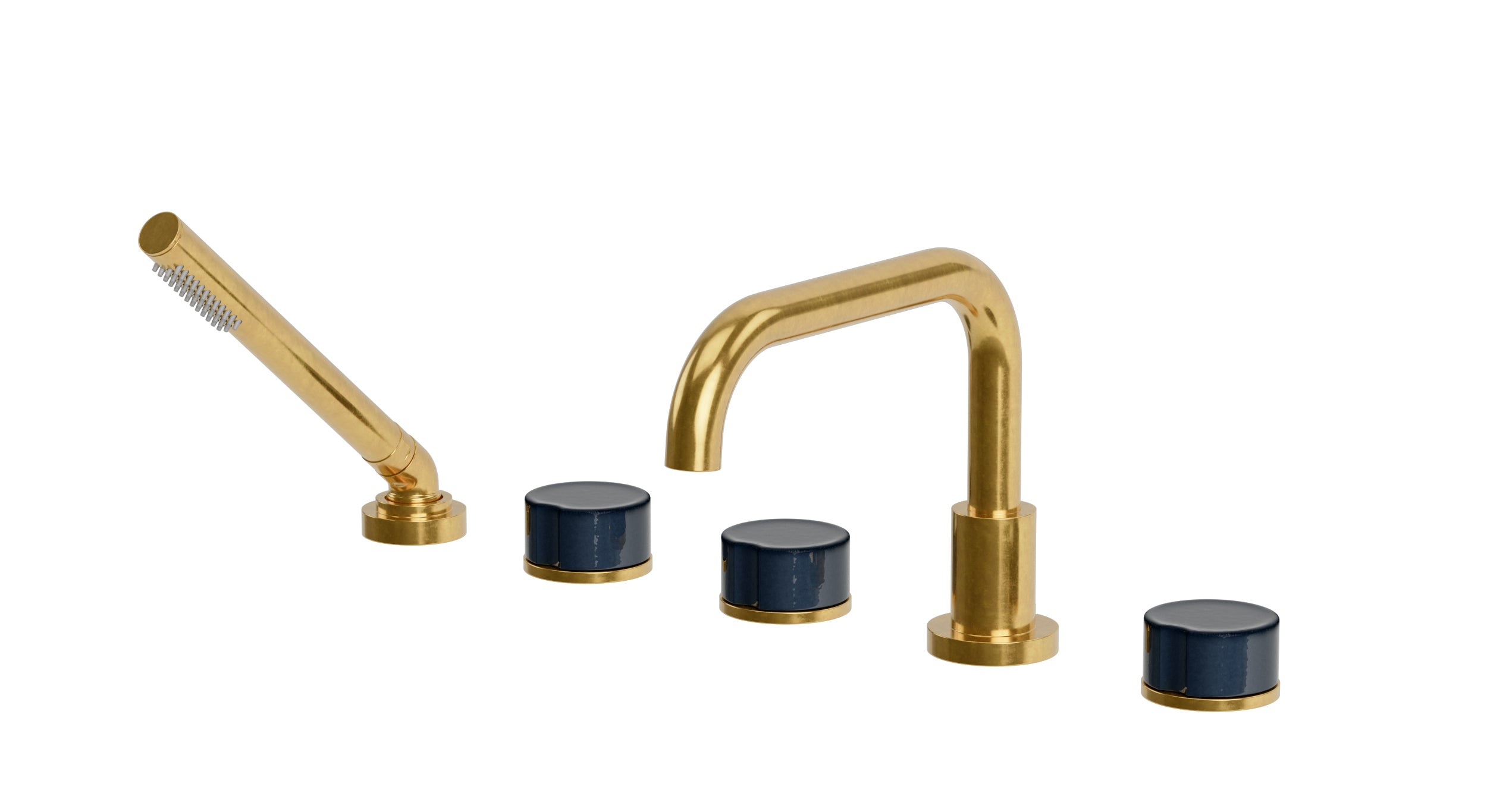 Foundry Three Handle Deck Mount Squaretop Bath Trim with Hand Shower and Groove Ceramic Knob Handles in French Brass