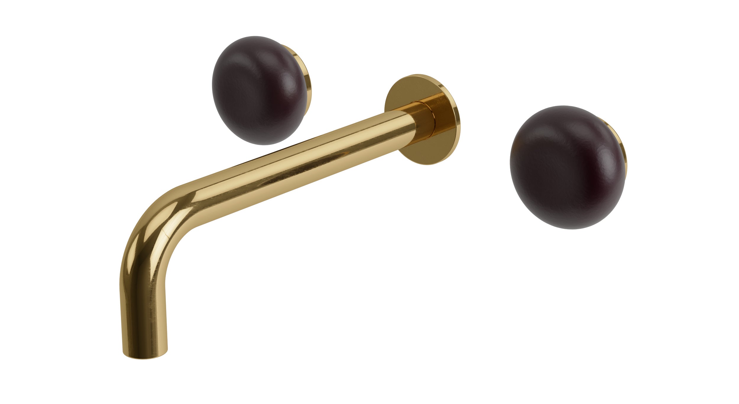 Foundry Two Handle Wall Mount 7.5" Lavatory Faucet with Pebble Ceramic Knob Handles in Uncoated Polished Brass